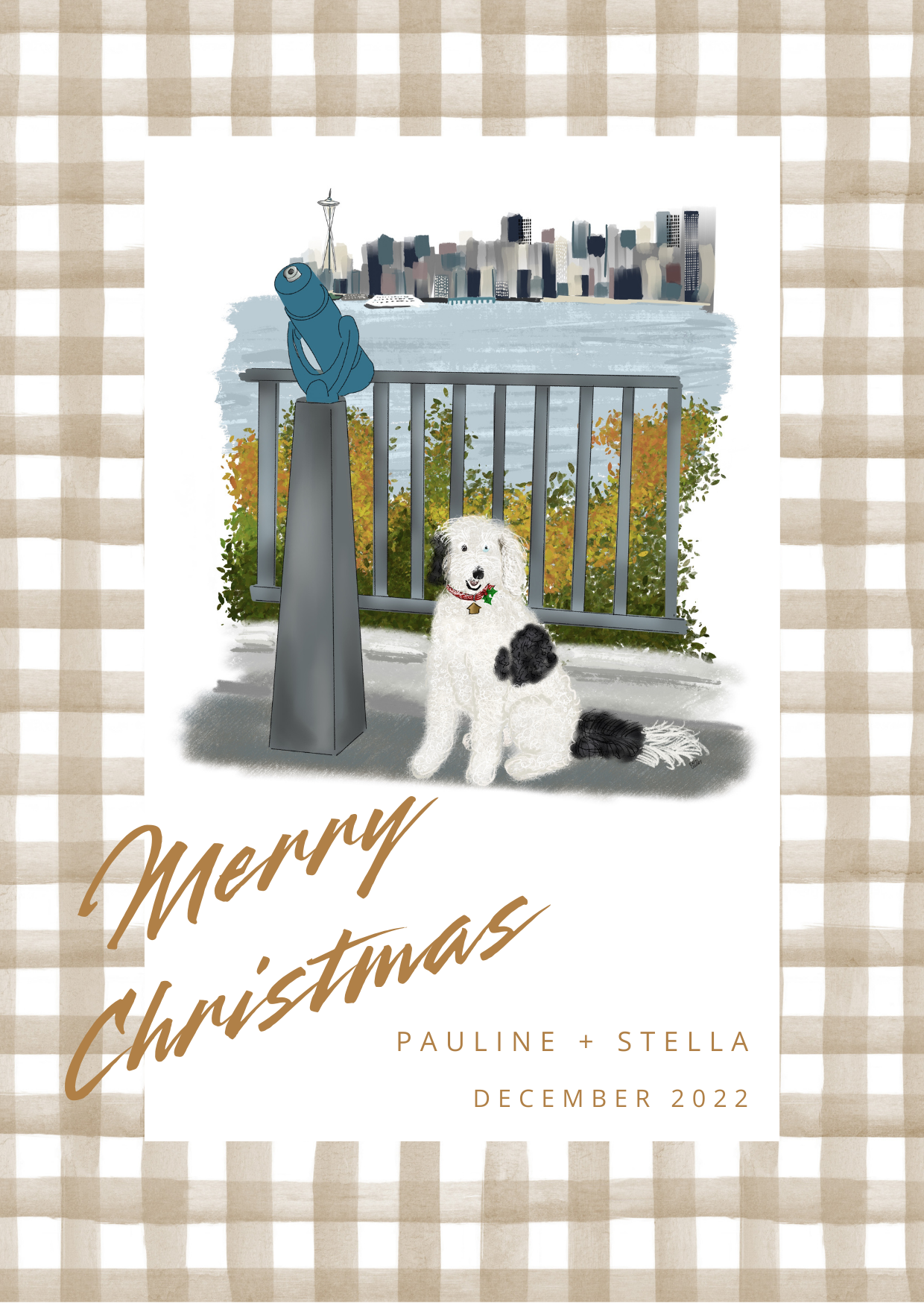 Illustrated Christmas card featuring a black and white dog sitting in front of a waterfront railing with the Seattle skyline in the background, framed by a beige gingham border.