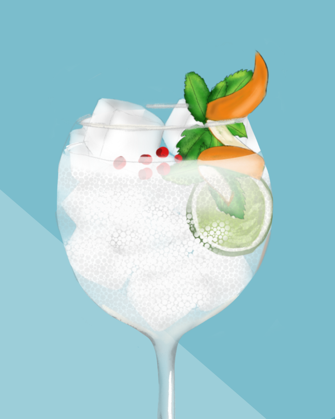 Close-up detail of the hand-illustrated Gin & Tonic glass and lime garnish