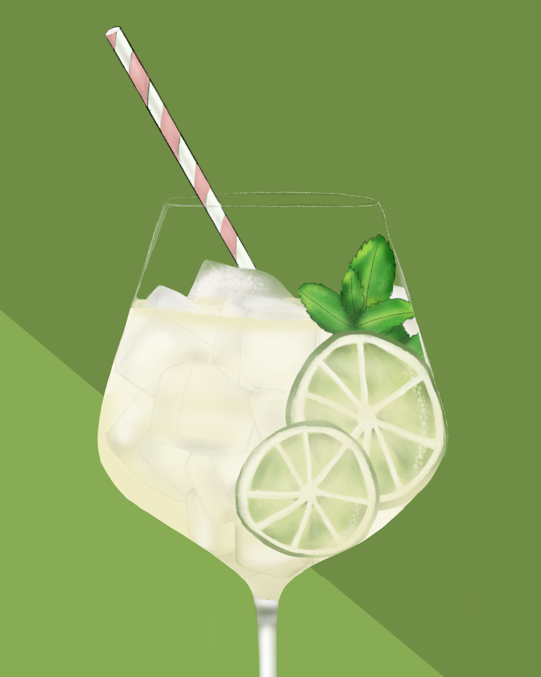 Close-up detail of the hand-illustrated Hugo Spritz glass and lime garnish