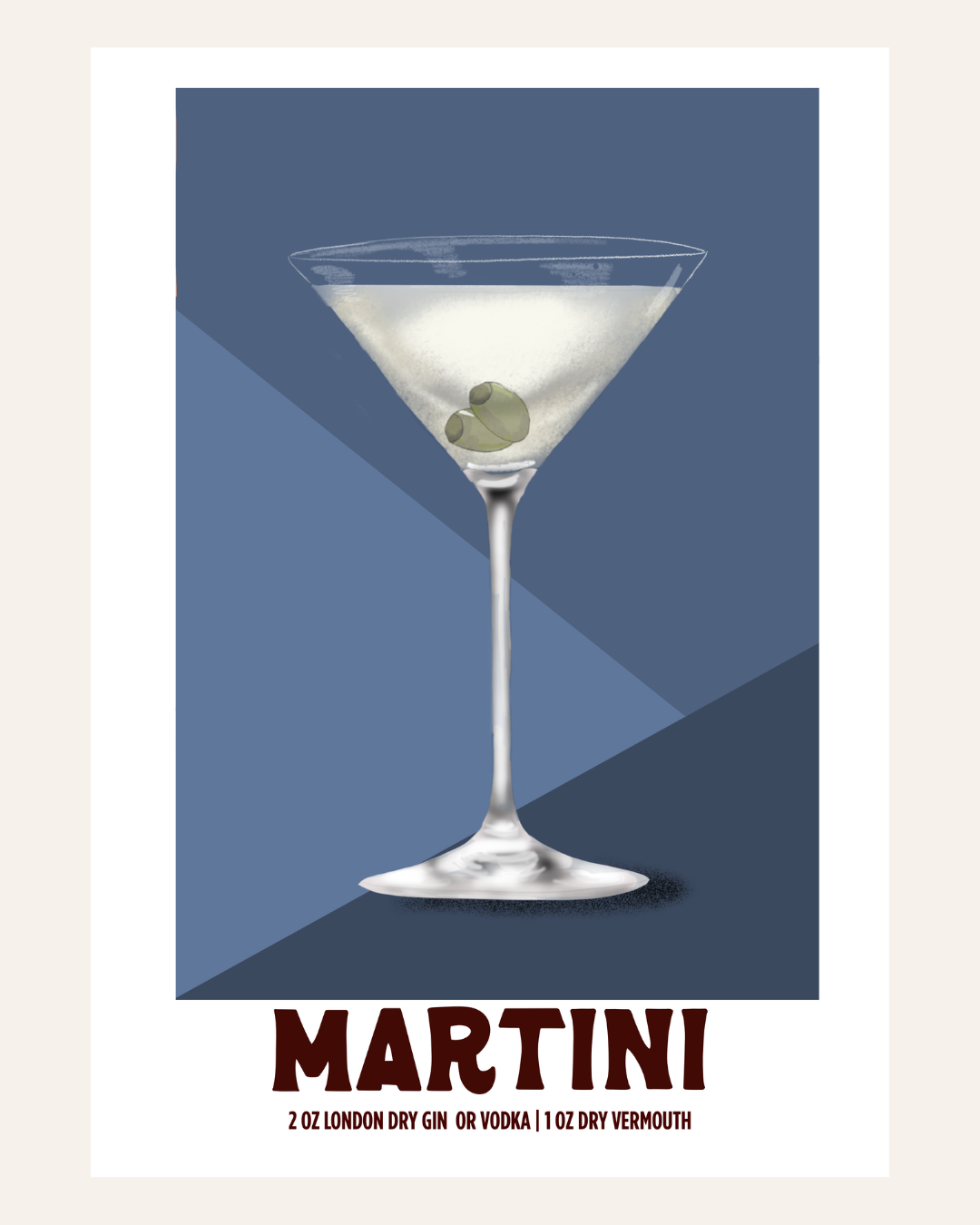 Martini cocktail poster illustration with recipe, blue background