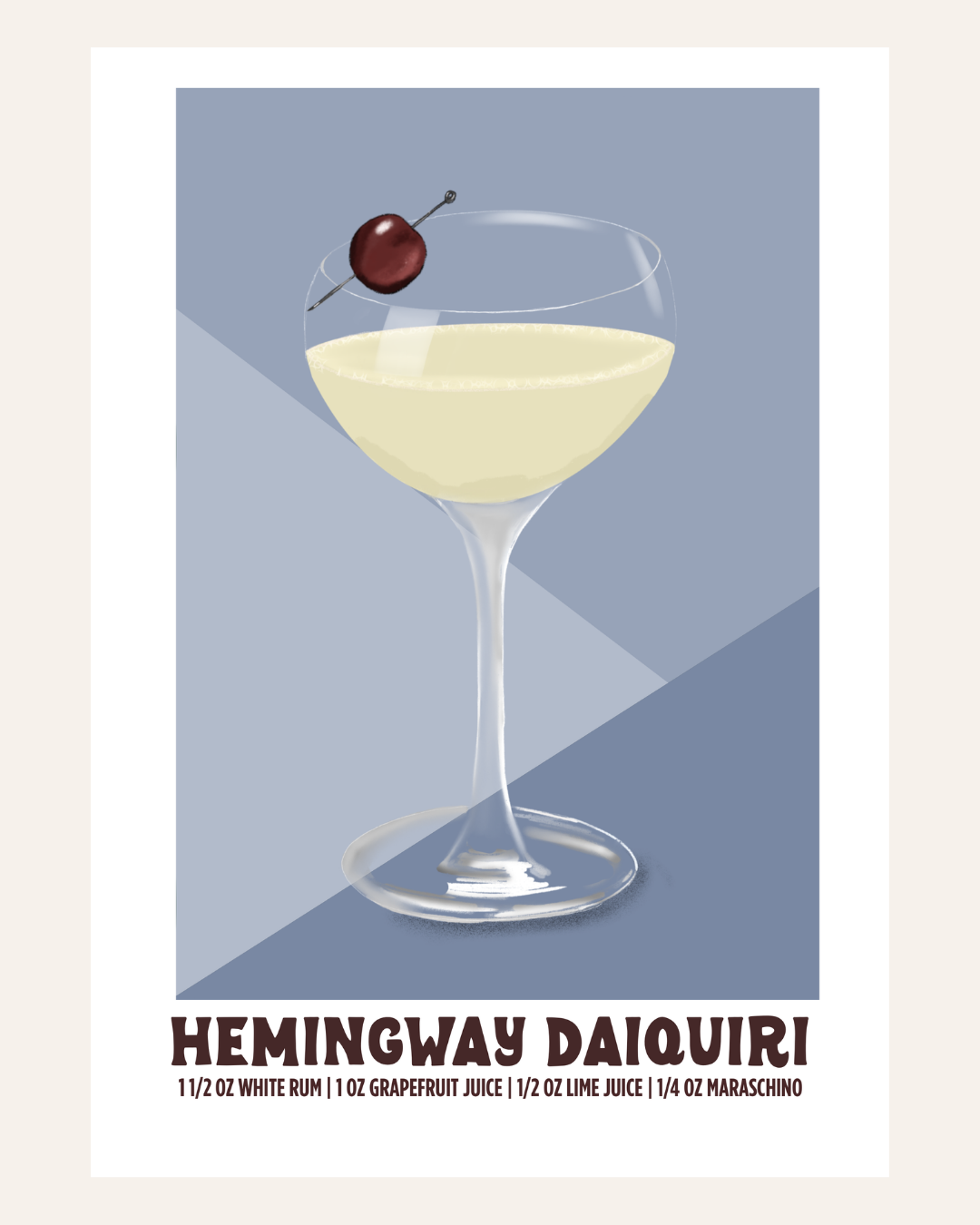 Hemingway Daiquiri cocktail poster illustration with recipe, blueish purple background