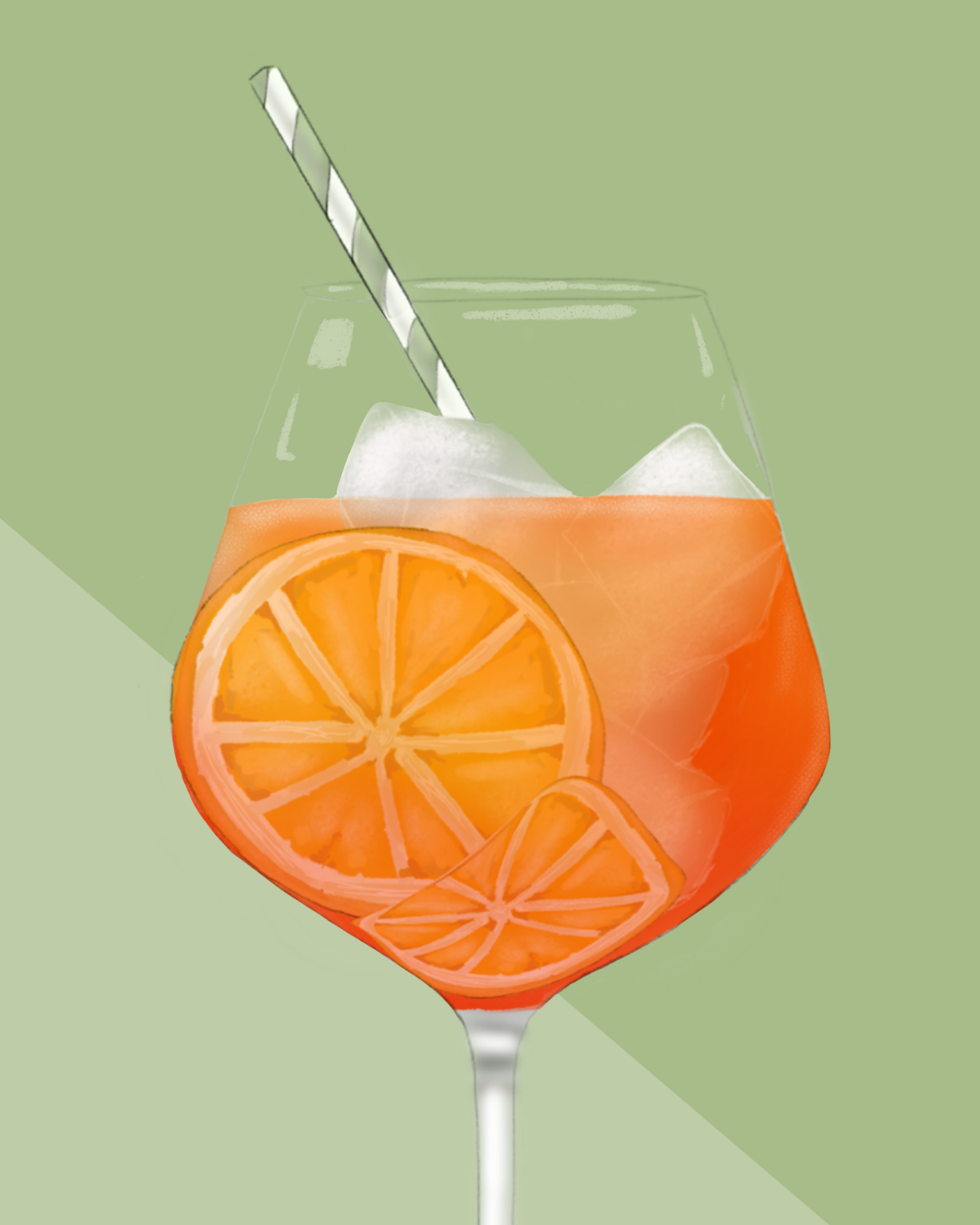 Close-up detail of the hand-illustrated Aperol Spritz glass and orange garnish