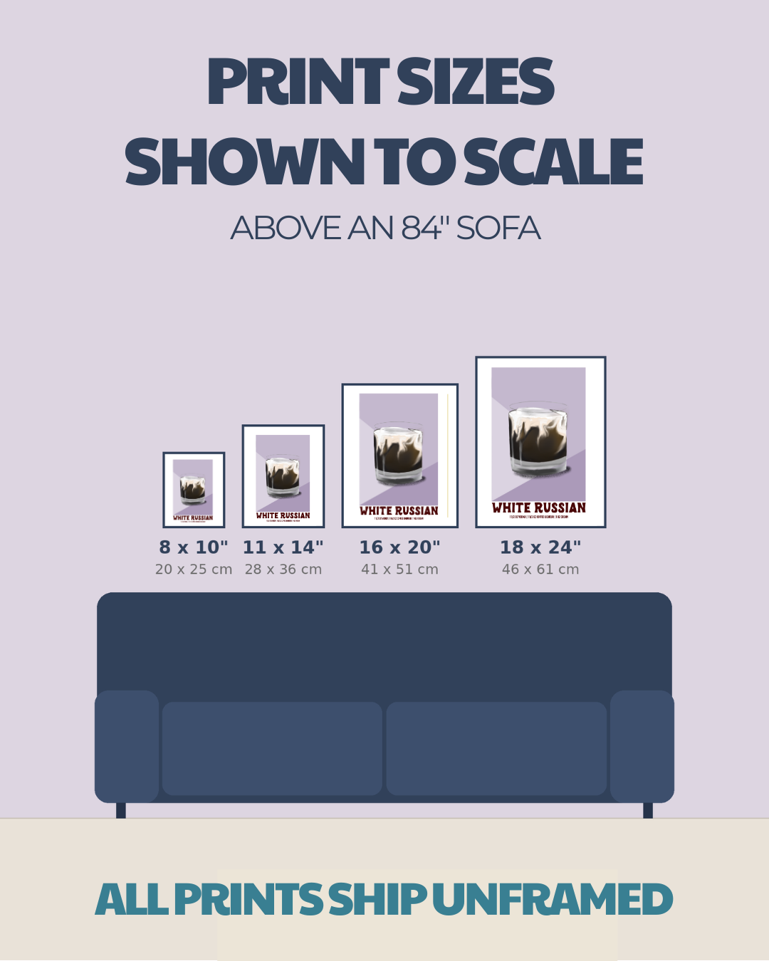Size comparison chart for cocktail prints: 8x10, 11x14, 16x20, 18x24