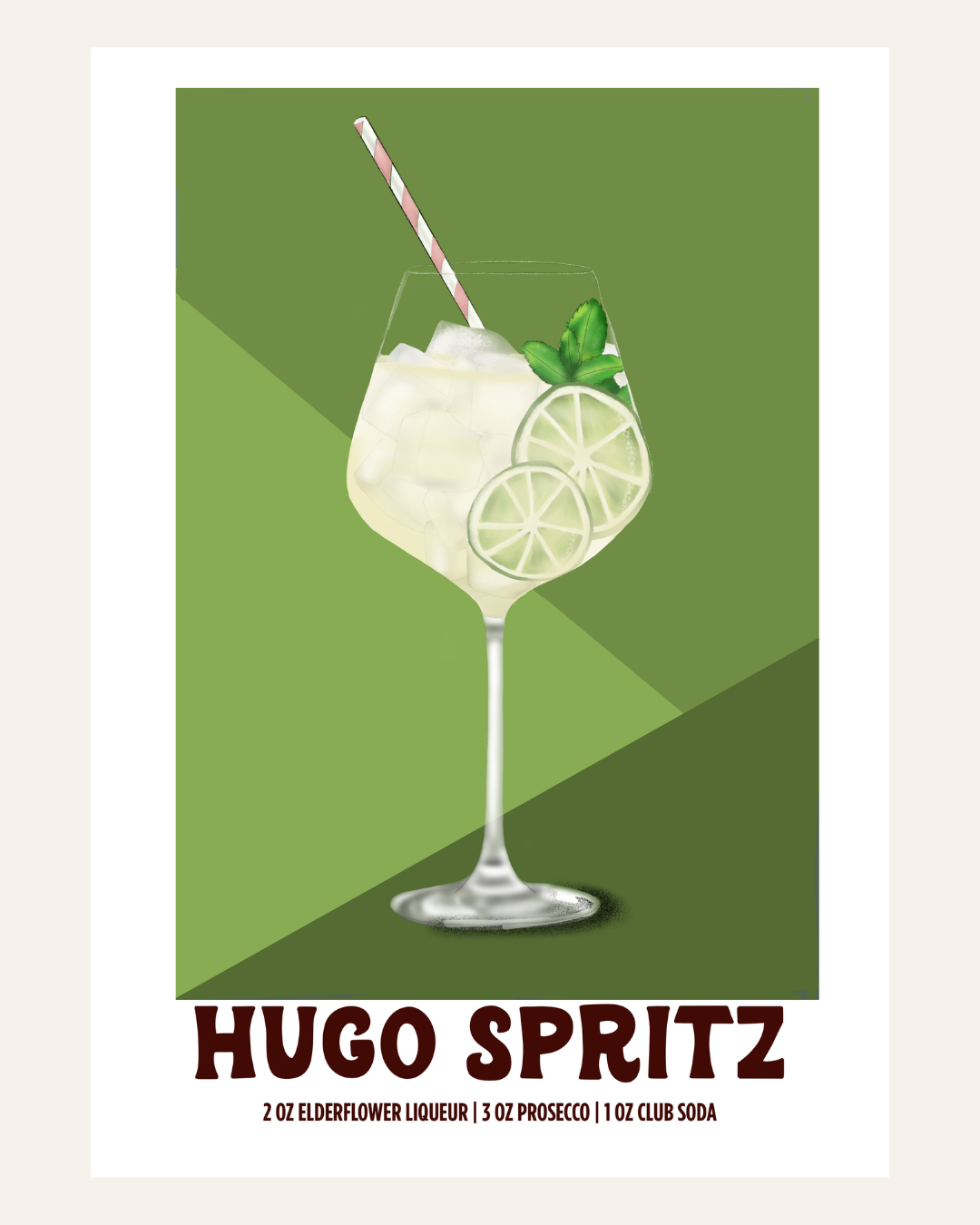 Hugo Spritz cocktail poster illustration with recipe, green background