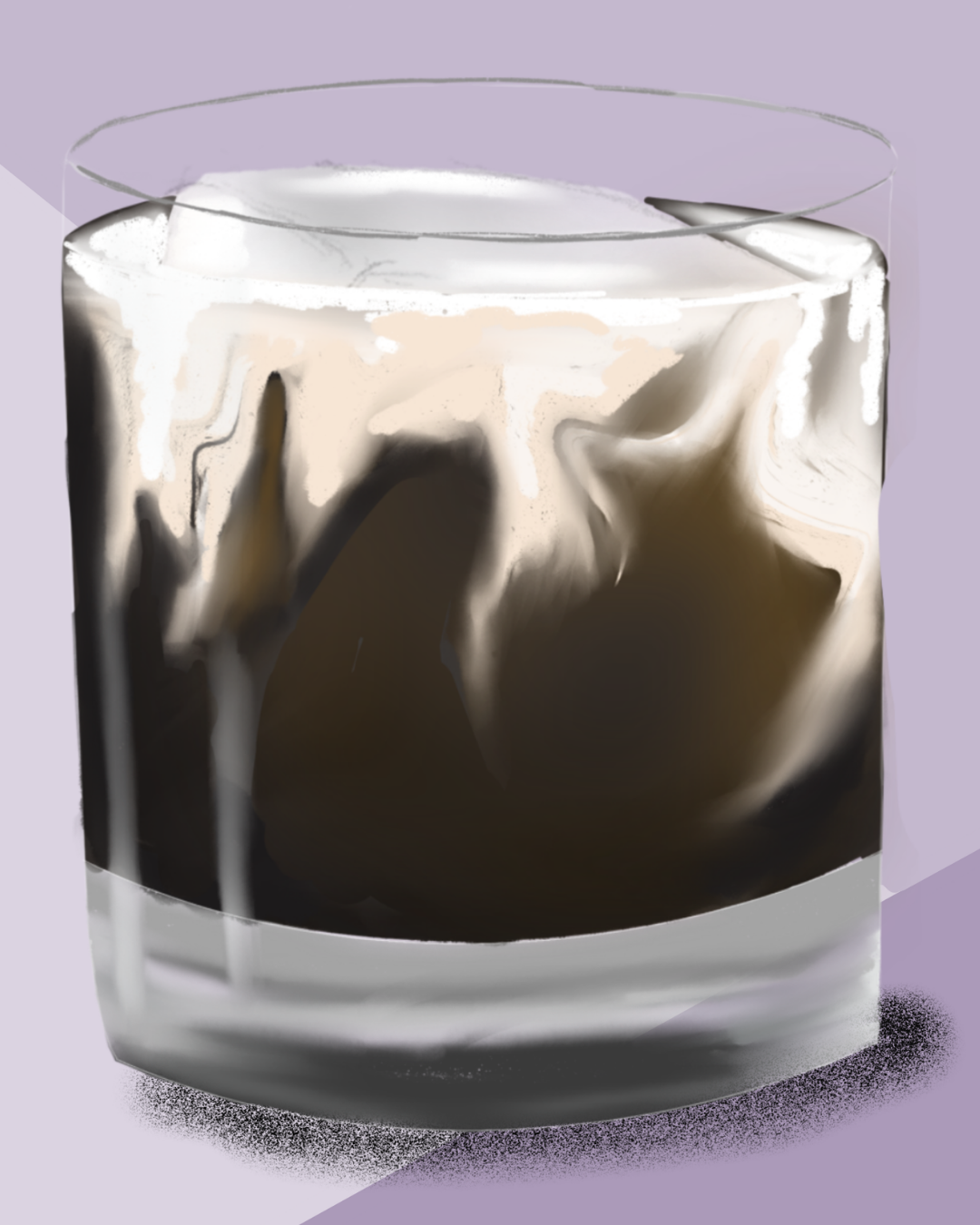 Close-up detail of the hand-illustrated White Russian glass and cream topping