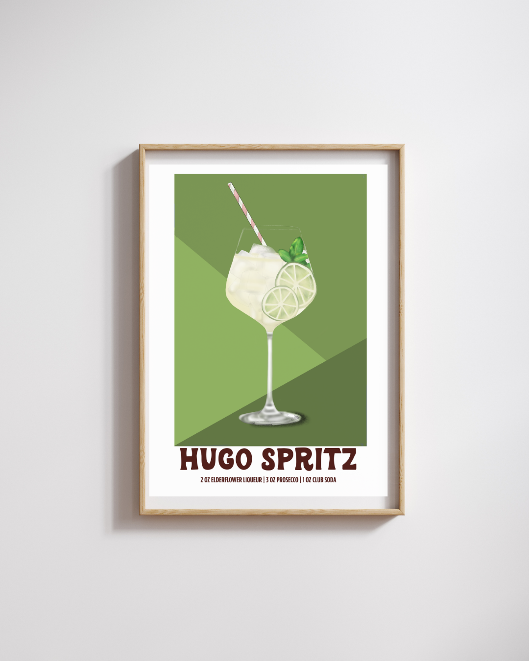 Framed Hugo Spritz cocktail illustration print hanging on a neutral wall