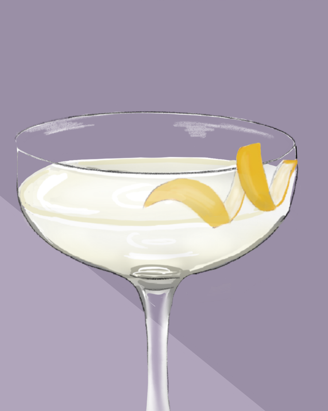 Close-up detail of the hand-illustrated Vesper glass and lemon twist garnish