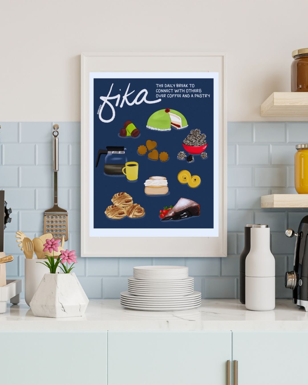 Fika art print styled in a Scandinavian kitchen / coffee corner