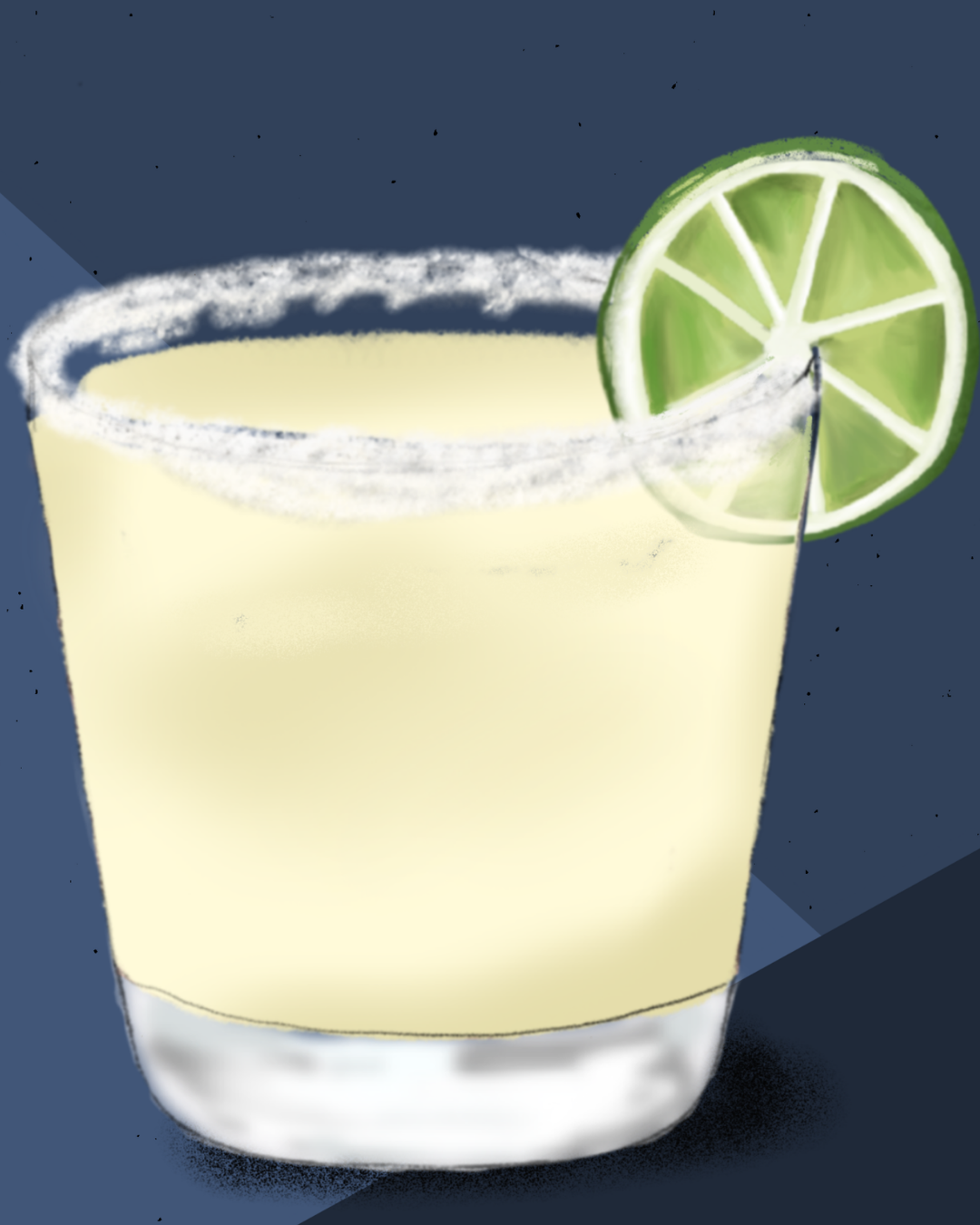 Close-up detail of the hand-illustrated Margarita glass and lime garnish