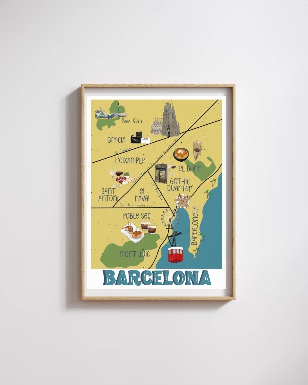 Framed Barcelona illustrated map print by Denim & Ink