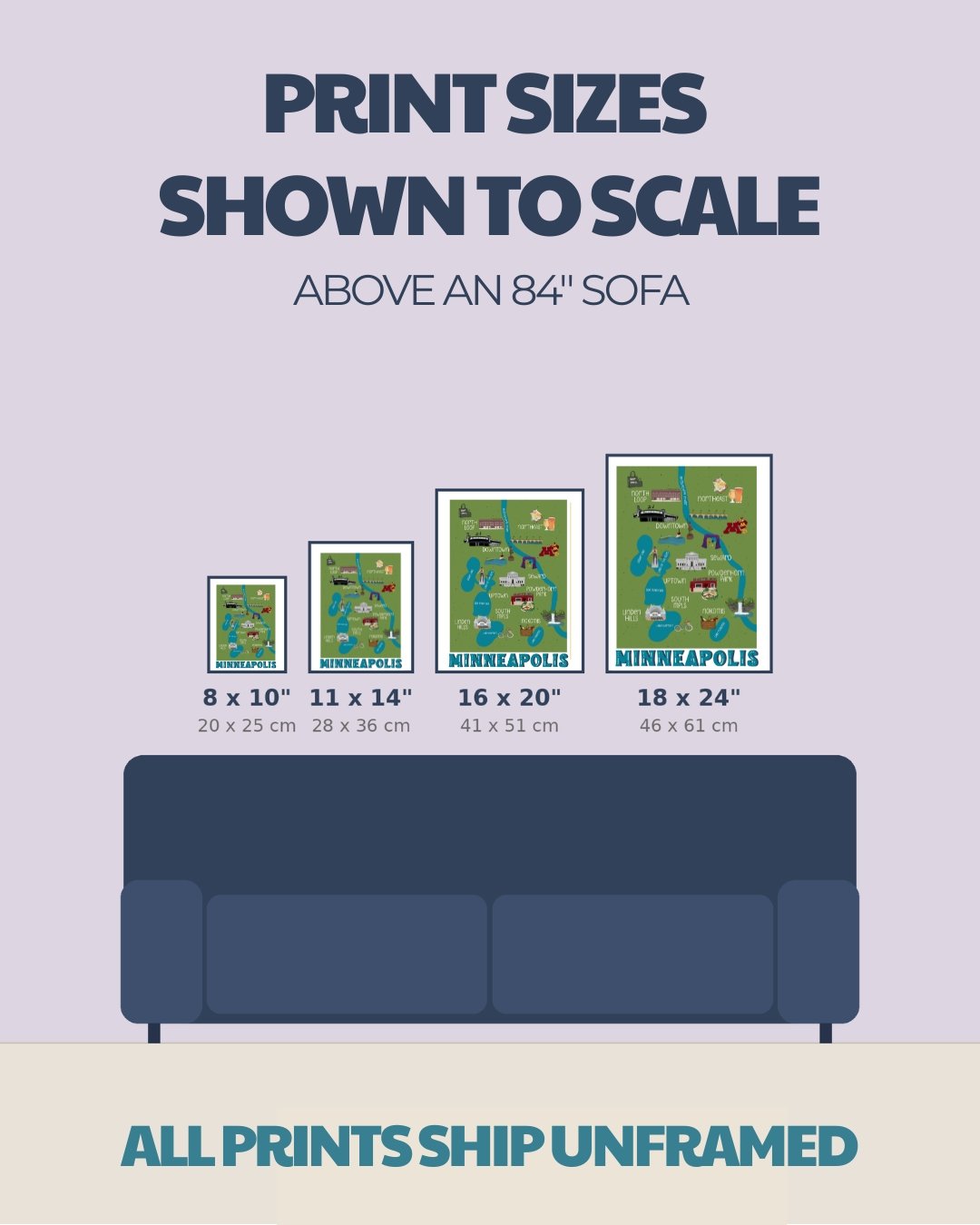 Minneapolis map print size comparison chart, 8x10 to 18x24 inches