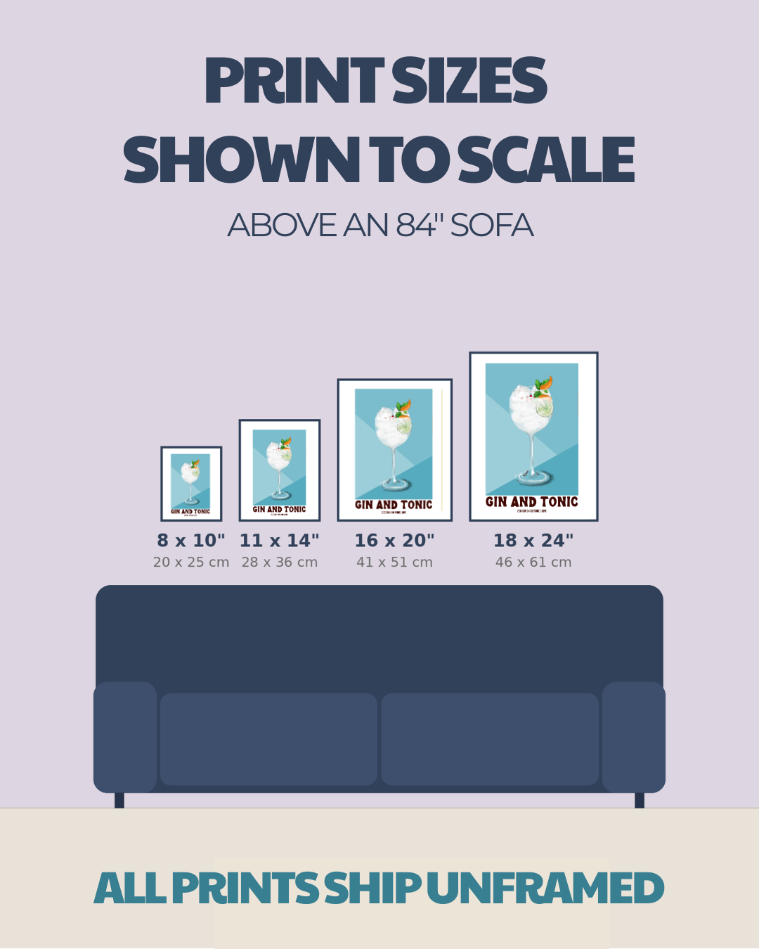 Size comparison chart for cocktail prints: 8x10, 11x14, 16x20, 18x24
