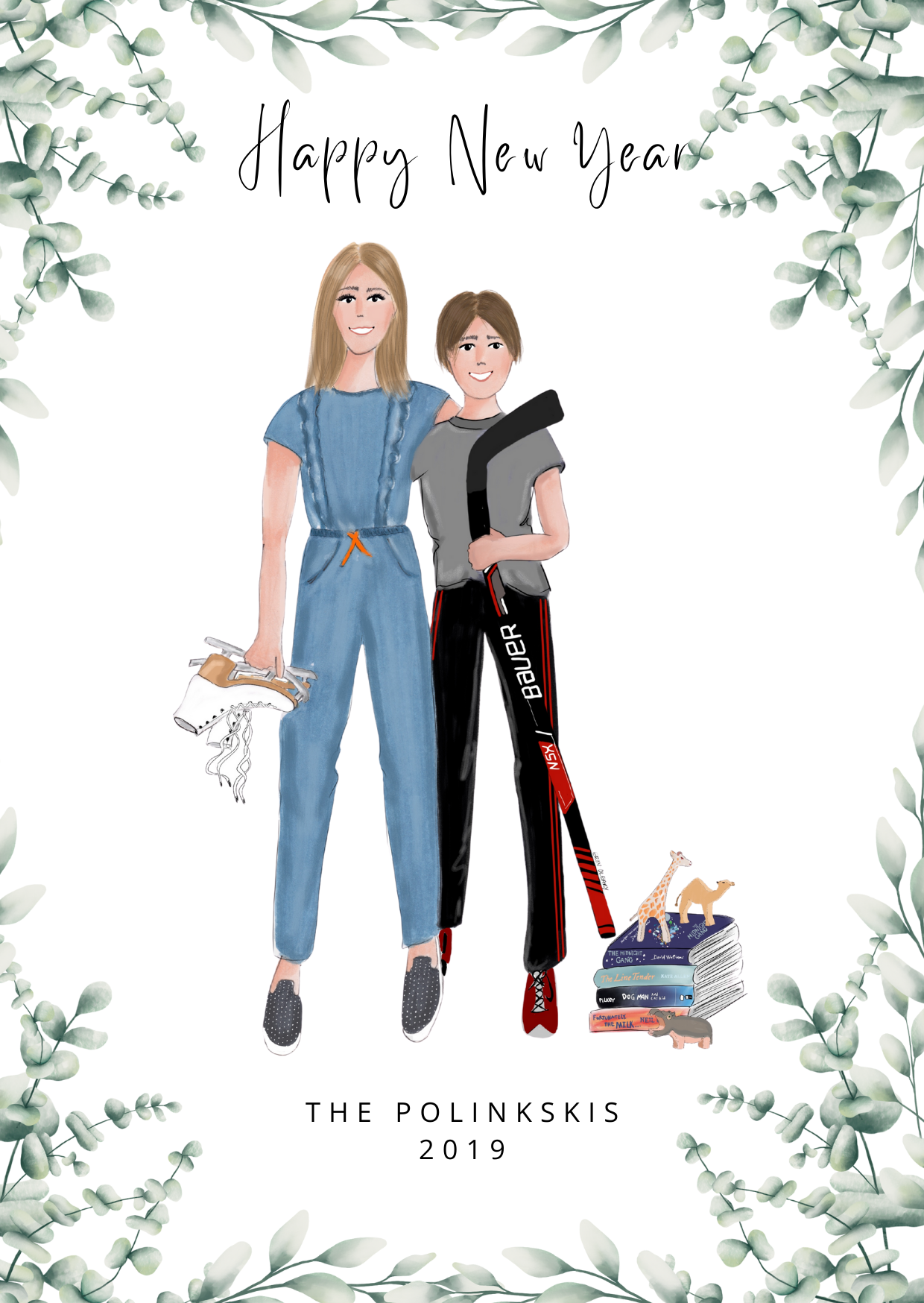 Illustrated New Year’s card featuring a girl holding ice skates and a boy with a hockey stick, standing next to a stack of books with toy animals, framed by greenery with “Happy New Year, The Polinskis.