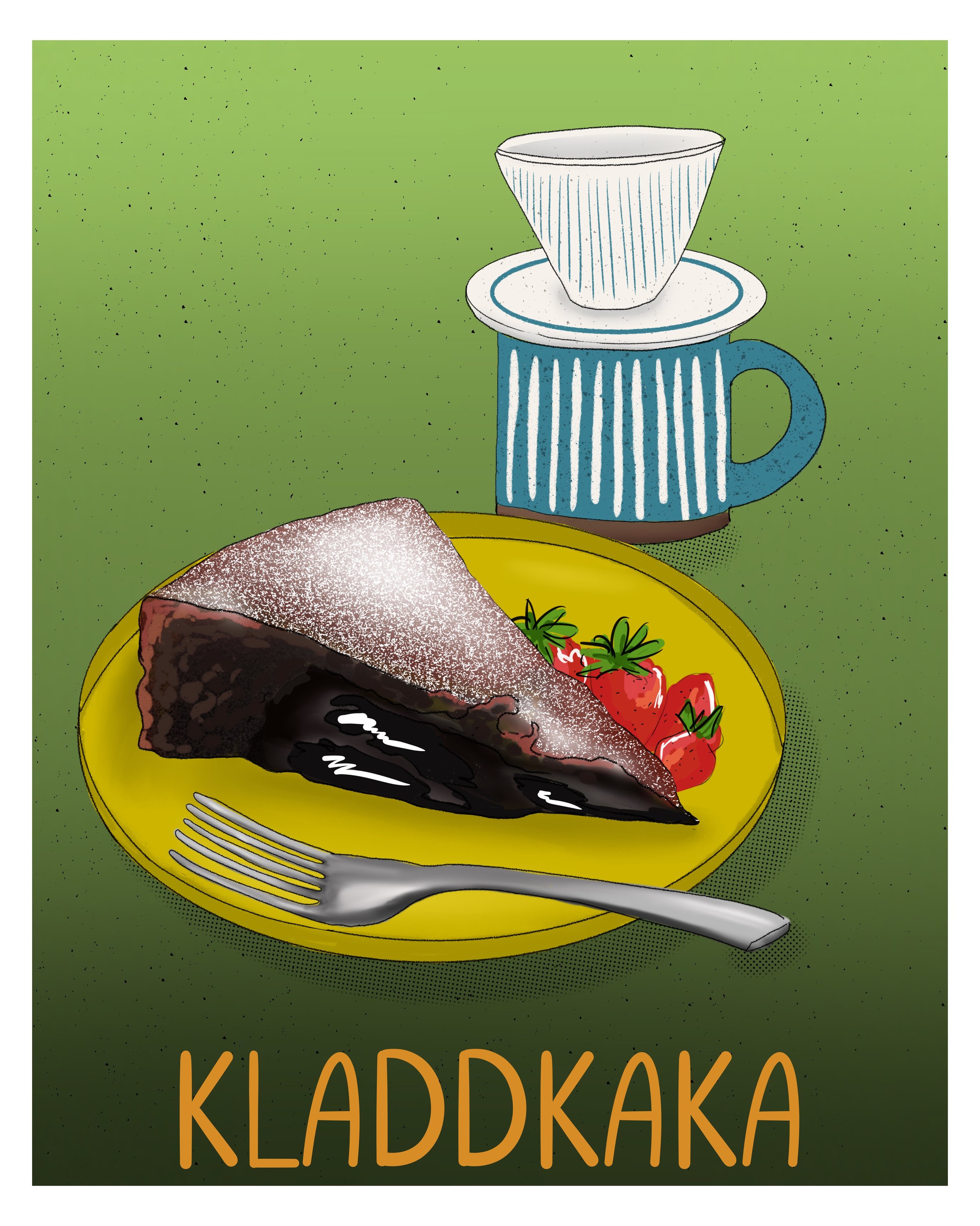 A detailed illustration of a slice of Swedish kladdkaka - a dense, fudgy, flourless chocolate cake dusted with powdered sugar and served with strawberries on a yellow plate - beside a blue and white pour over coffee style mug on an earthly green back