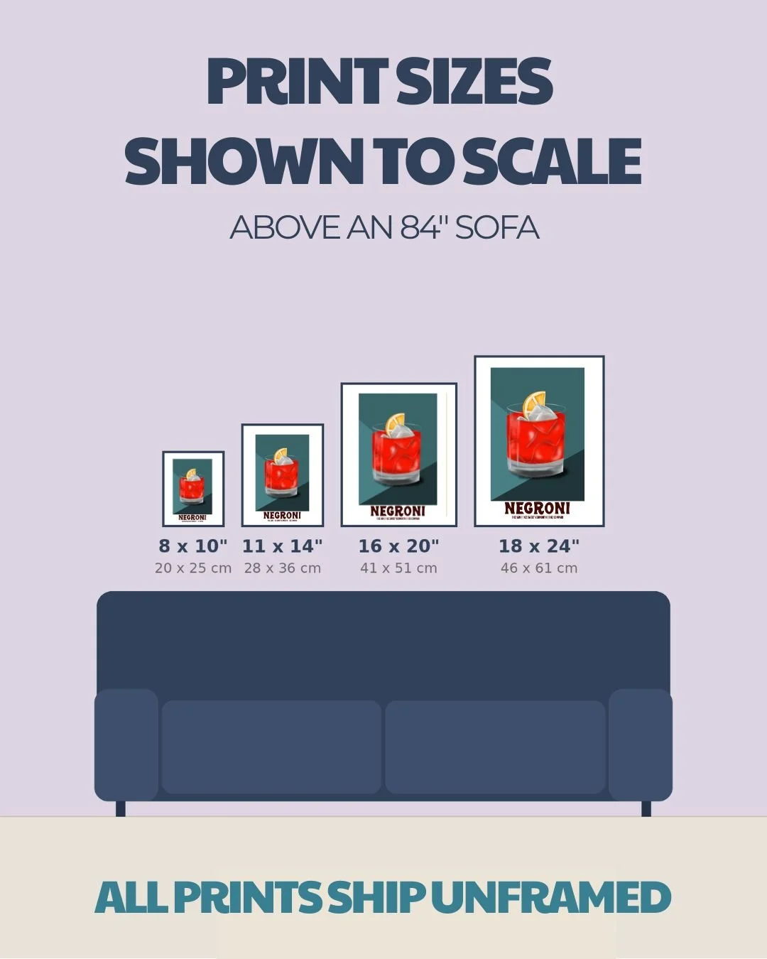 Size comparison chart for cocktail prints: 8x10, 11x14, 16x20, 18x24