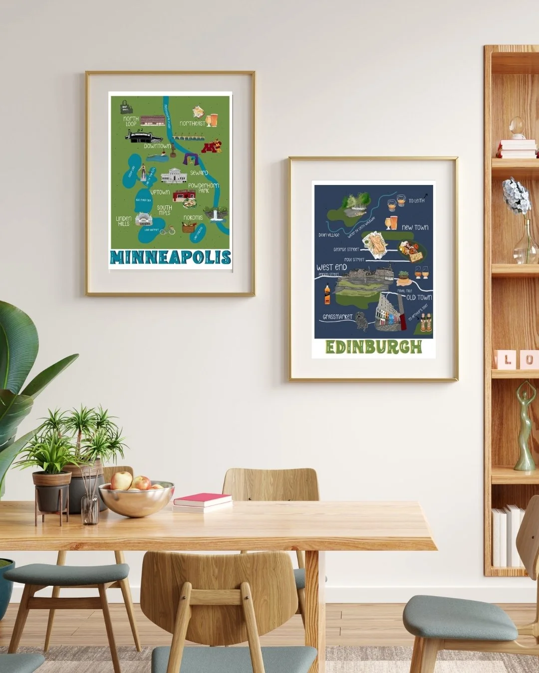 Minneapolis and Edinburgh map prints as a gallery wall
