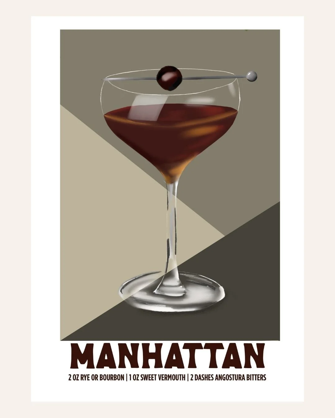 Manhattan cocktail poster illustration with recipe, teal background