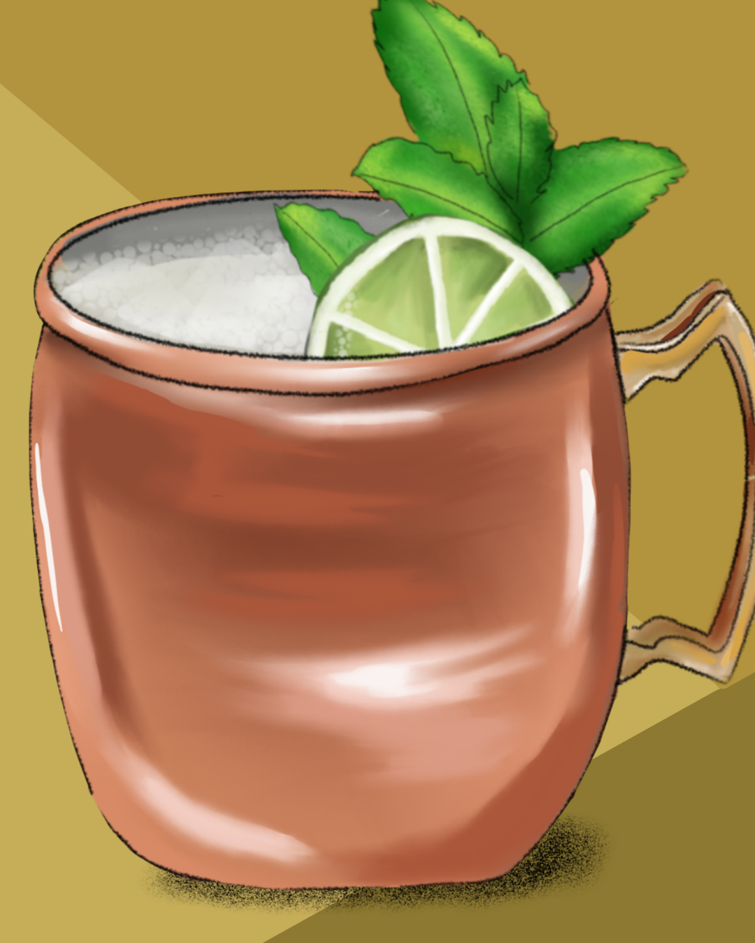 Close-up detail of the hand-illustrated Moscow Mule glass and lime garnish