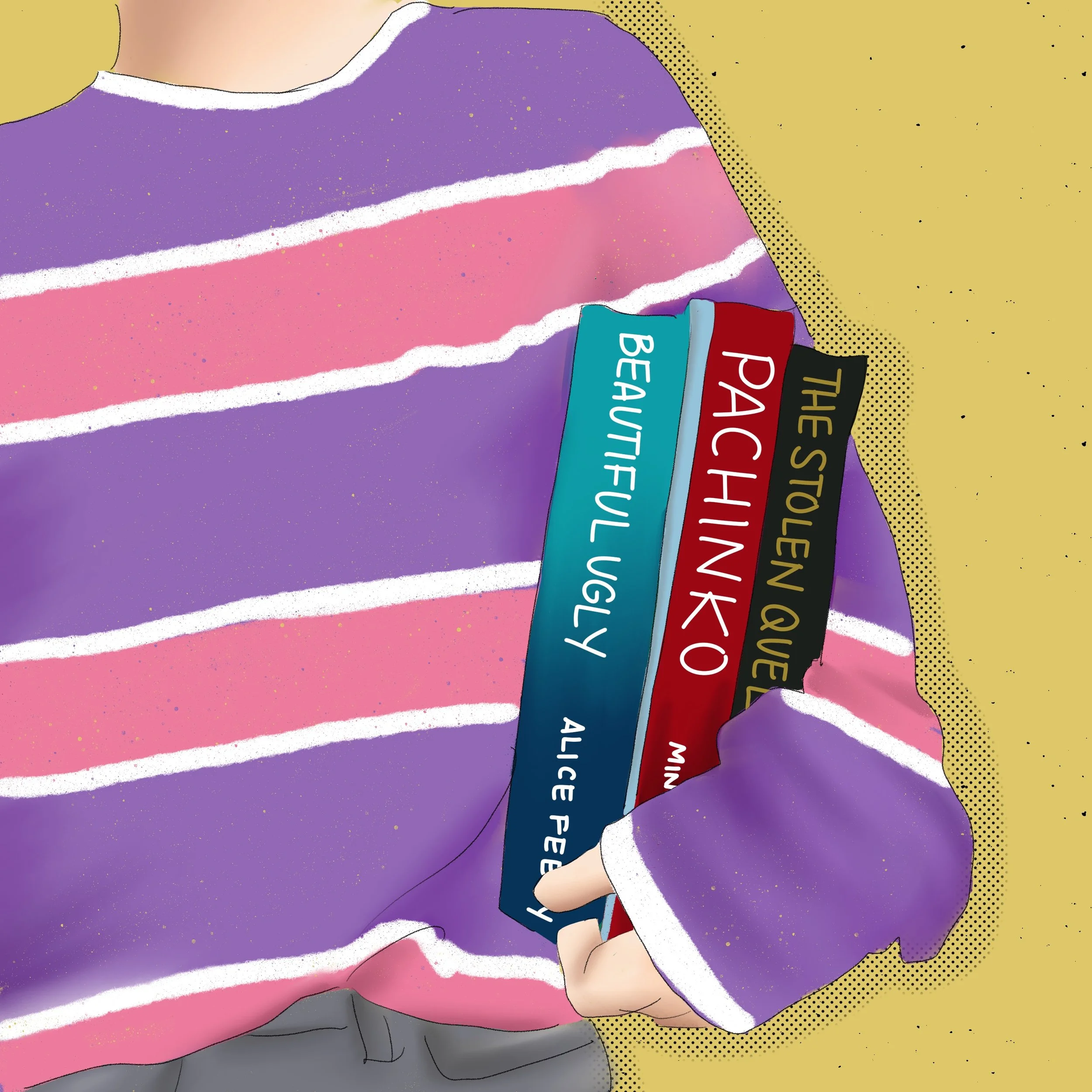 Illustration of a person wearing a pink and purple striped sweater, holding three books—‘Beautiful Ugly’ by Alice Perry, ‘Pachinko’ by Min Jin Lee, and ‘The Stolen Queen’—against a yellow background