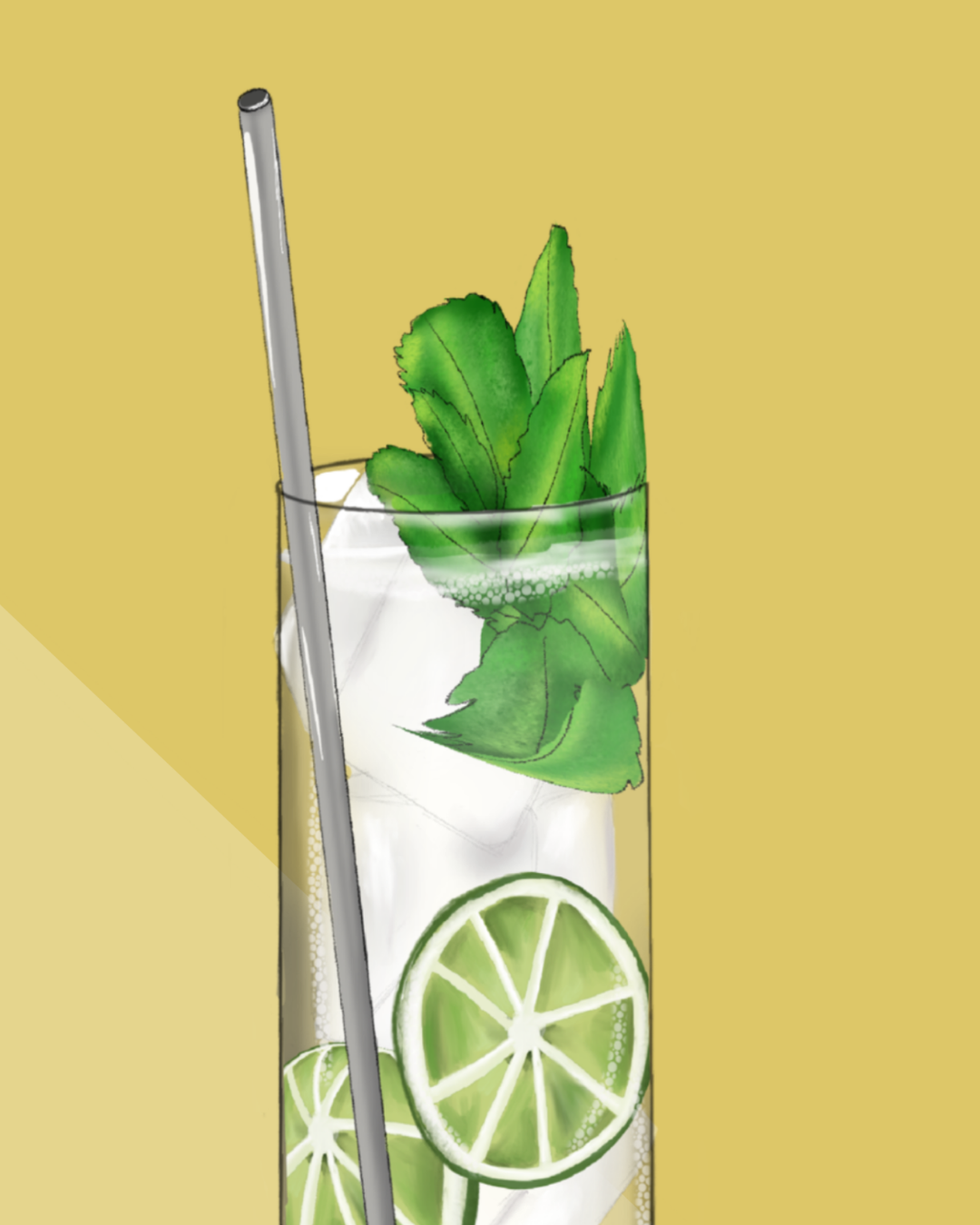 Close-up detail of the hand-illustrated Mojito glass and lime and mint garnish