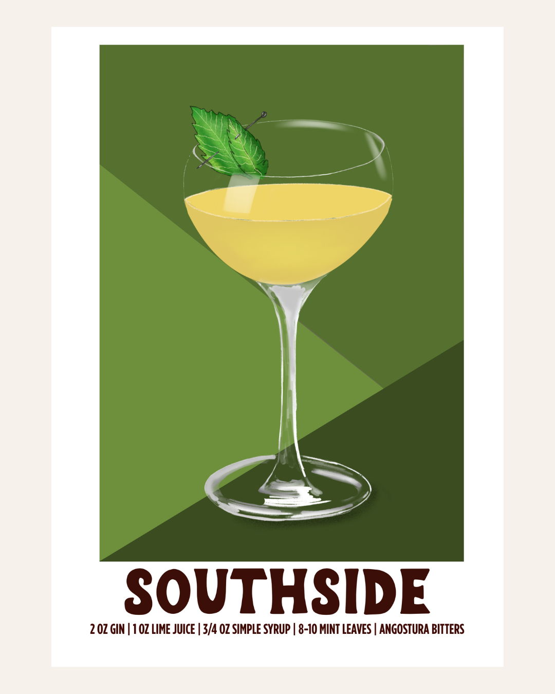 Southside cocktail poster illustration with recipe, green background