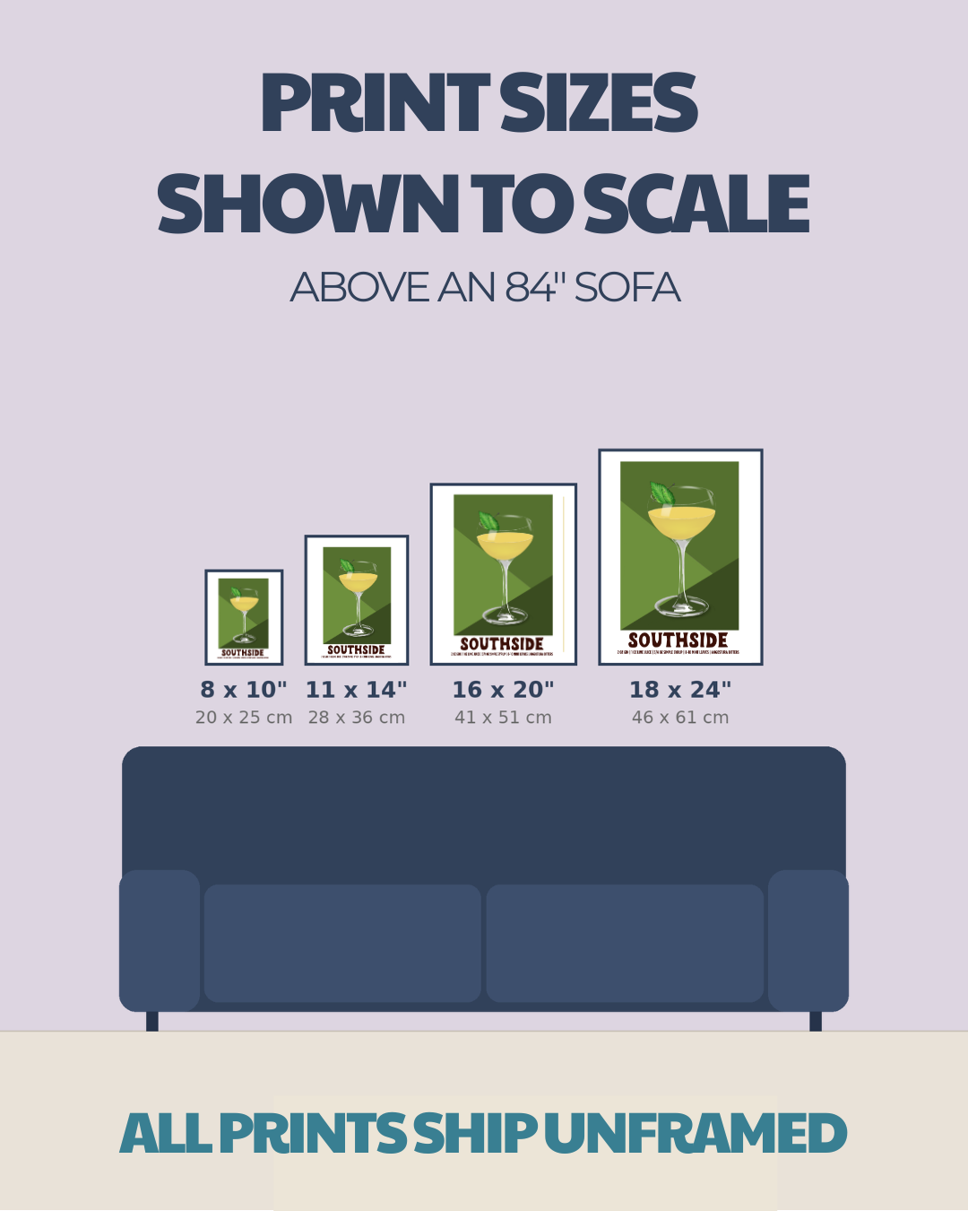 Size comparison chart for cocktail prints: 8x10, 11x14, 16x20, 18x24