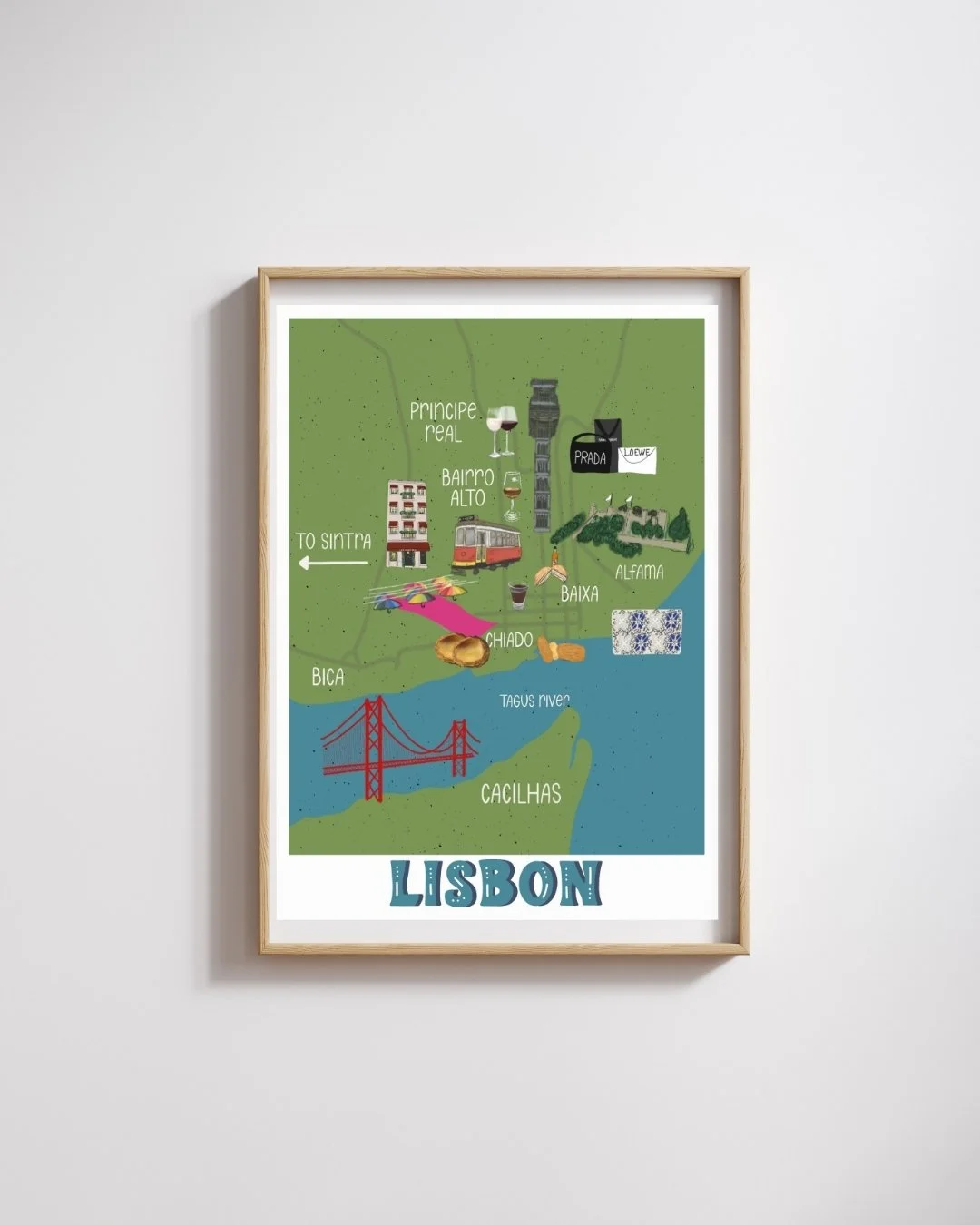 Framed Lisbon illustrated map print by Denim & Ink