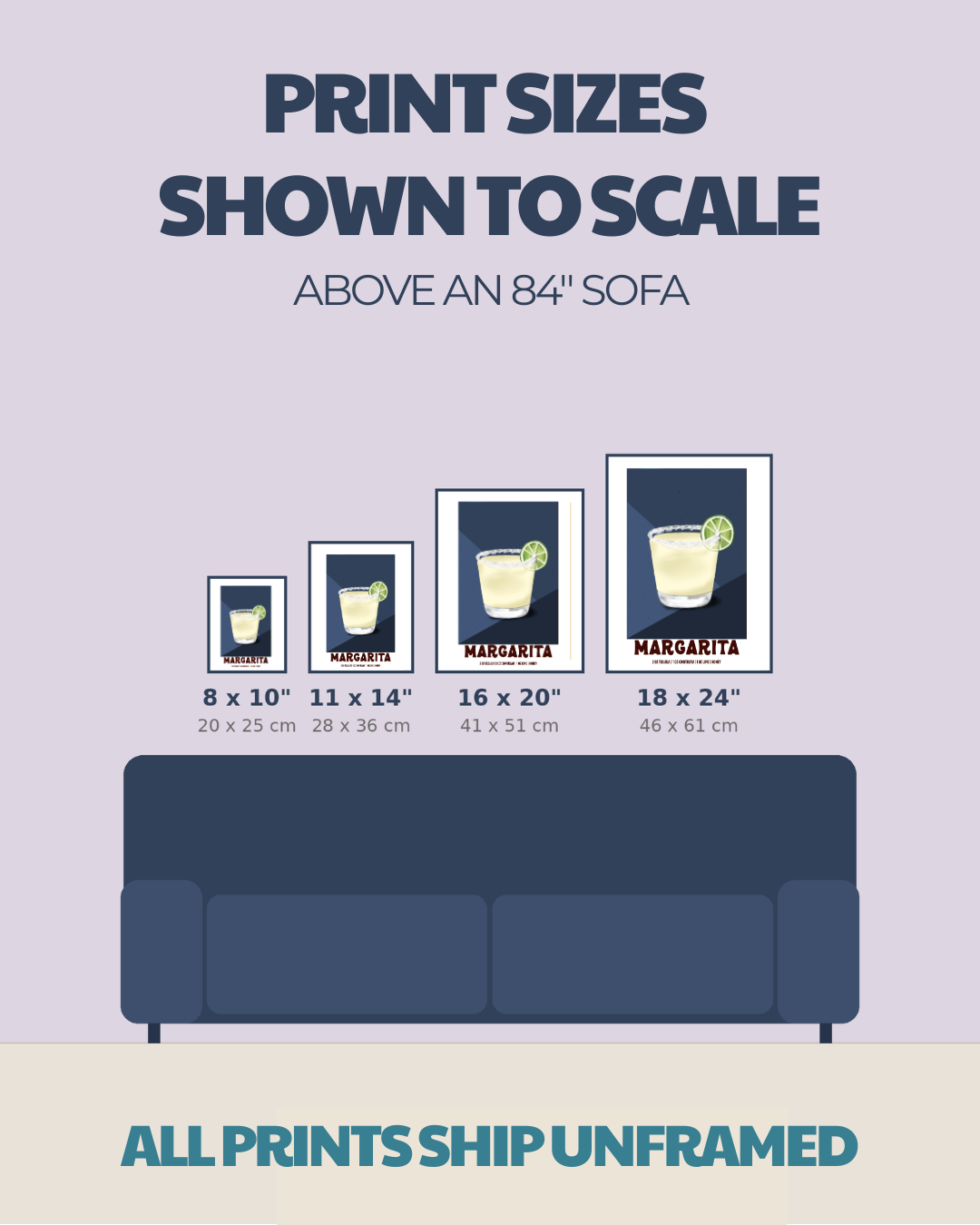 Size comparison chart for cocktail prints: 8x10, 11x14, 16x20, 18x24
