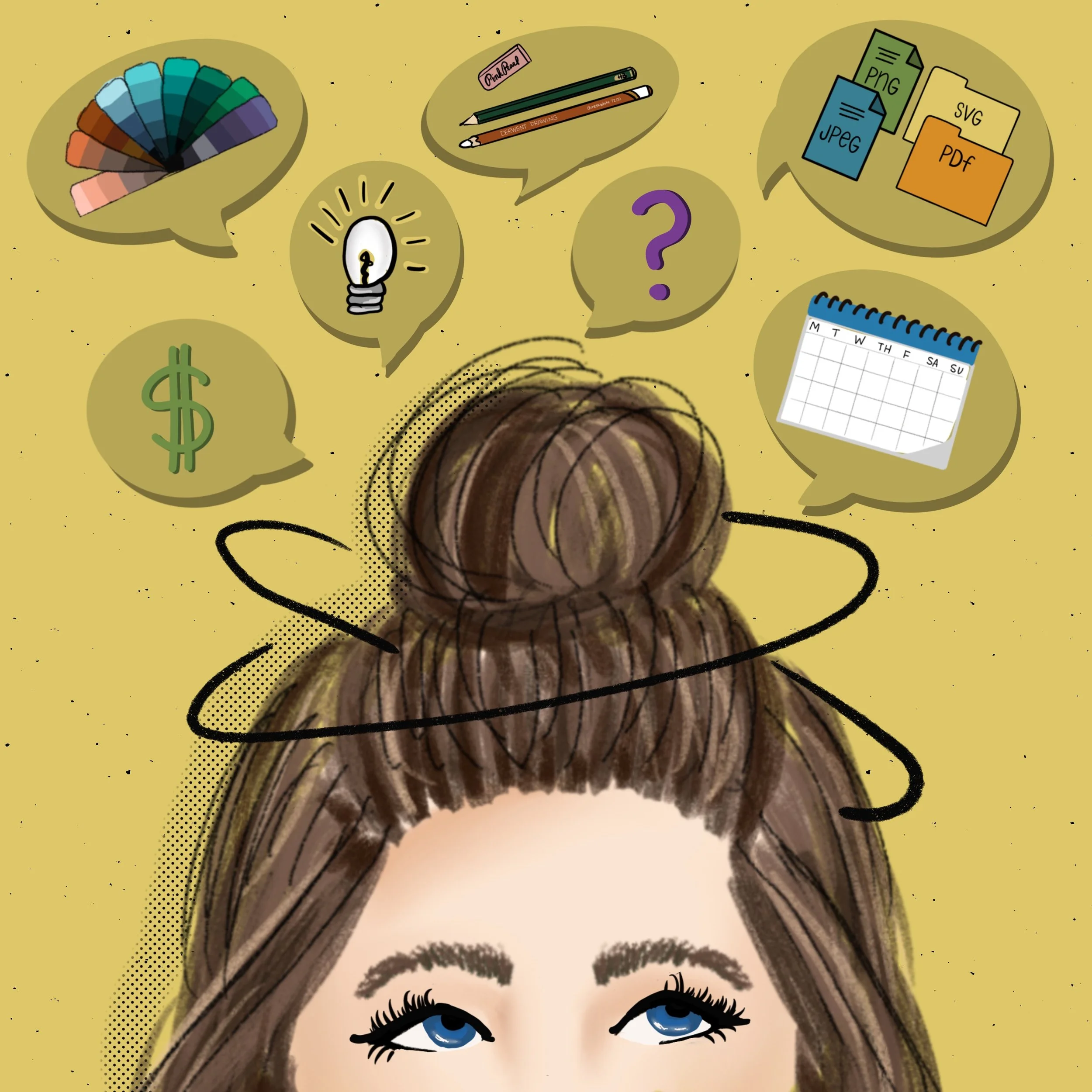 Illustration of a woman with a messy bun, looking up at floating speech bubbles containing symbols related to design and illustration - color swatches, pencils, a light bulb, file format icons (PNG, JPEG, SVG, PDF), a calendar, question mark, dollar