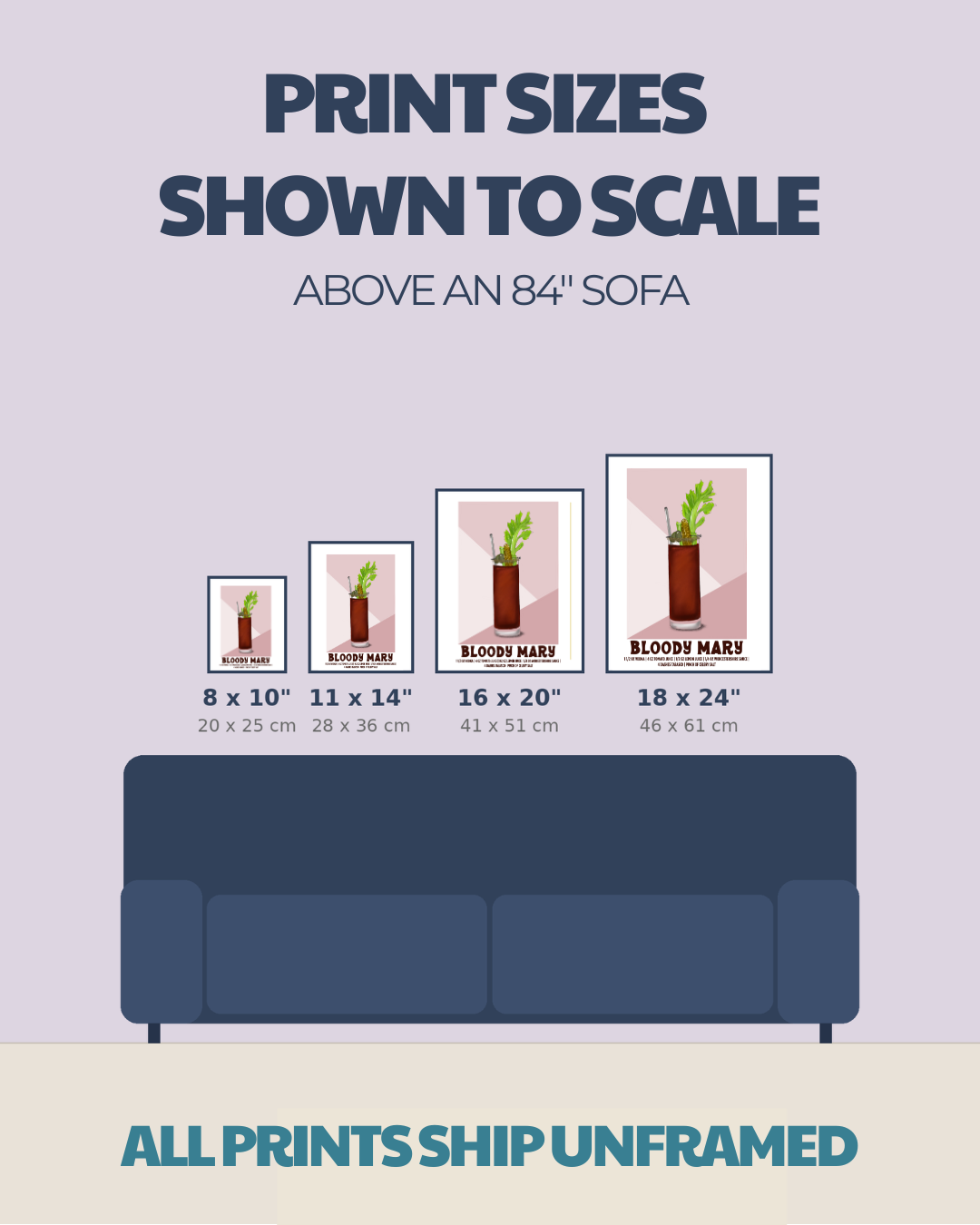 Size comparison chart for cocktail prints: 8x10, 11x14, 16x20, 18x24