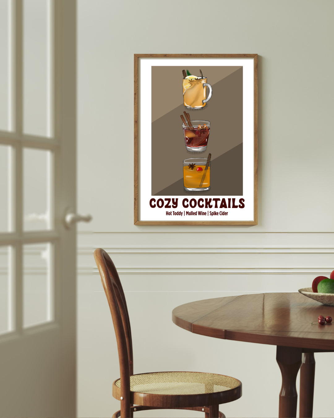 Cozy cocktail art print styled above a dining room table