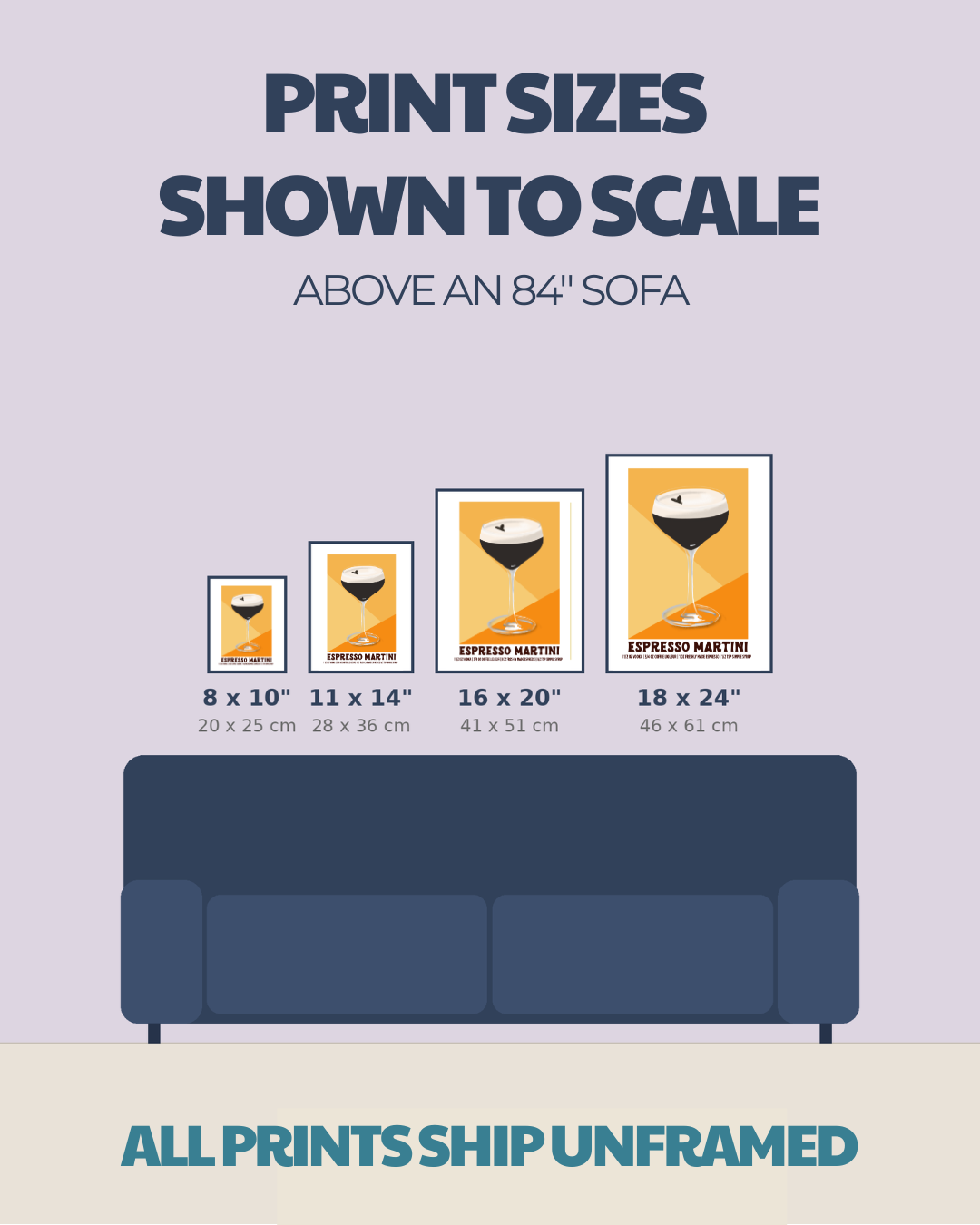 Size comparison chart for cocktail prints: 8x10, 11x14, 16x20, 18x24