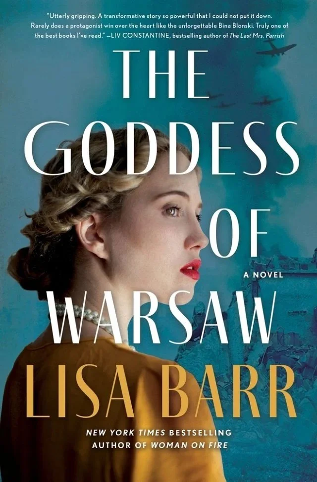 Book cover of The Goddess of Warsaw by Lisa Barr, featuring a blonde woman in profile with WWII planes flying in the background.