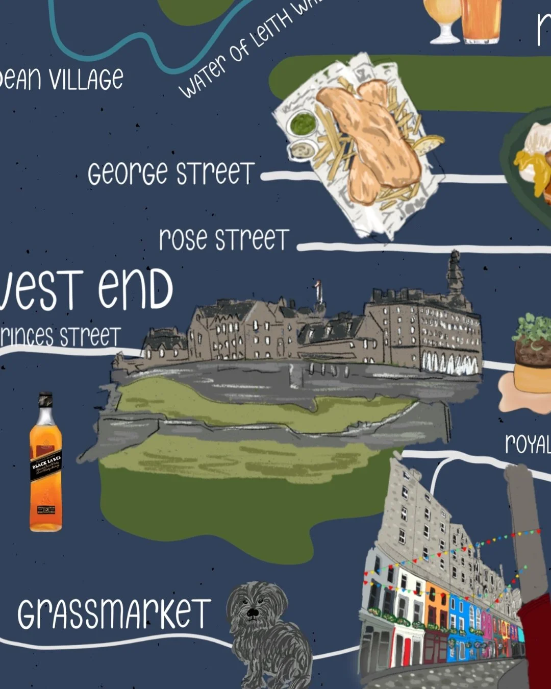 Close-up detail of hand-illustrated Edinburgh map print