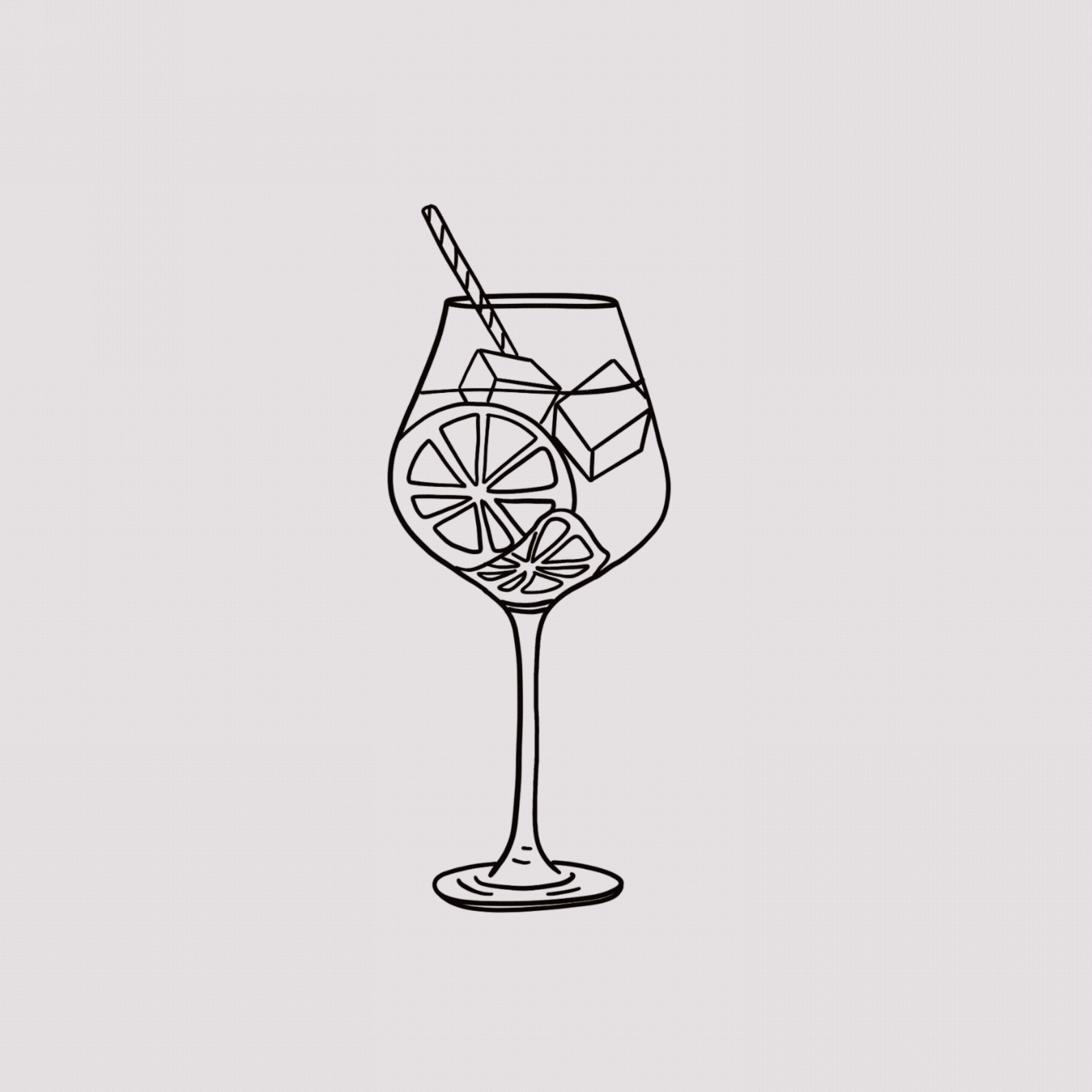 Line drawing of a cocktail glass with ice cubes, lemon slices, and a straw.