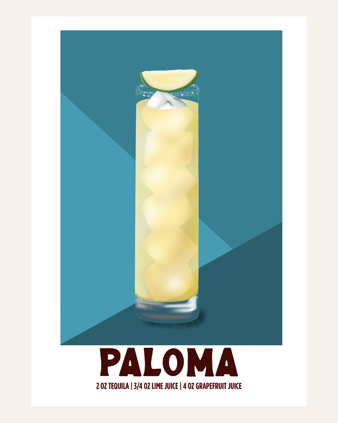 Paloma cocktail poster illustration with recipe, teal background