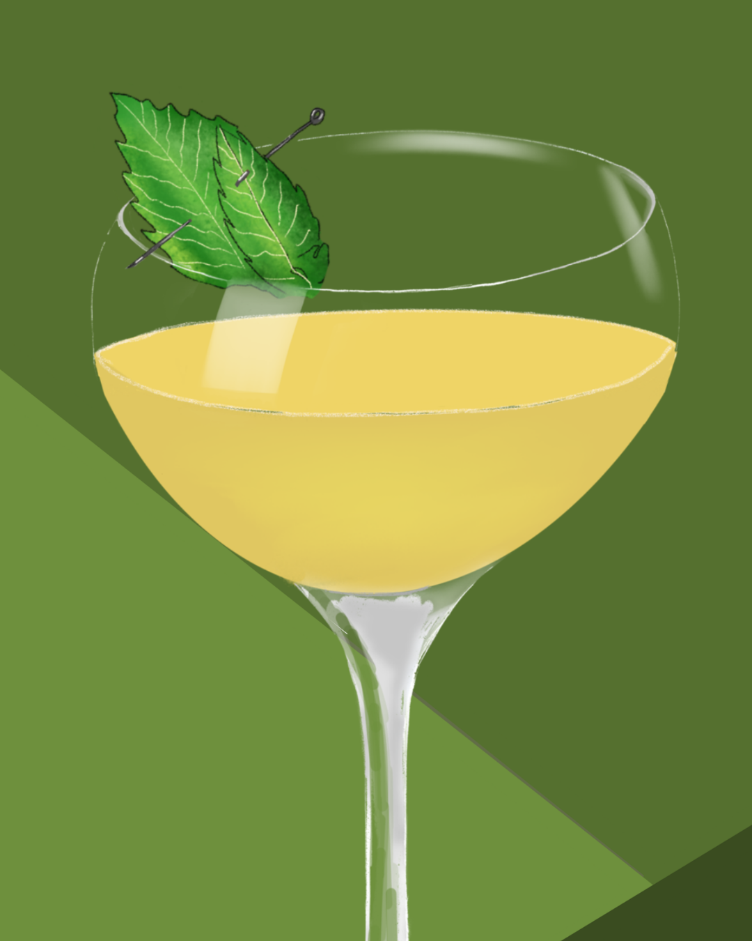 Close-up detail of the hand-illustrated Southside glass and mint garnish