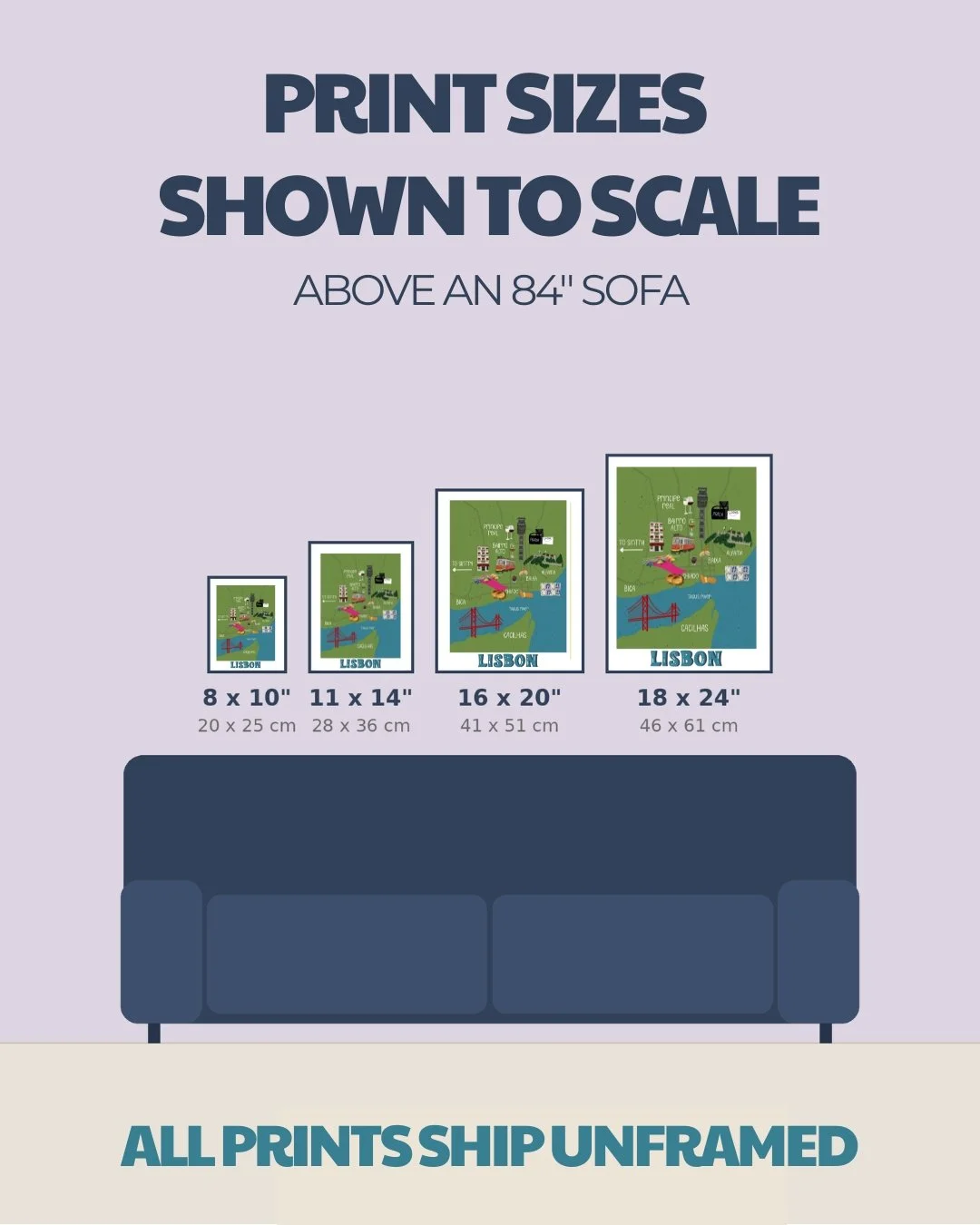 Lisbon map print size comparison chart, 8x10 to 18x24 inches