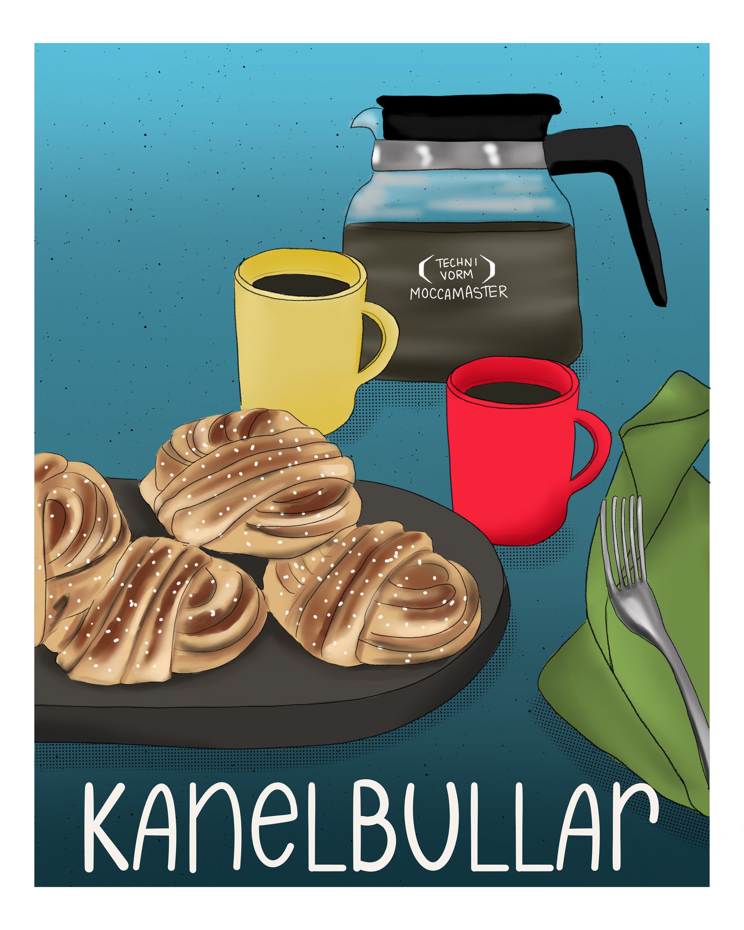 A vintage style illustrated poster of Swedish Kanelbullar - twisted cinnamon buns with pearl sugar - piled on a dark plate beside a yellow mug, red mug, and Moccamaster coffee maker on a deep blue background. Illustrated by Denim & Ink.