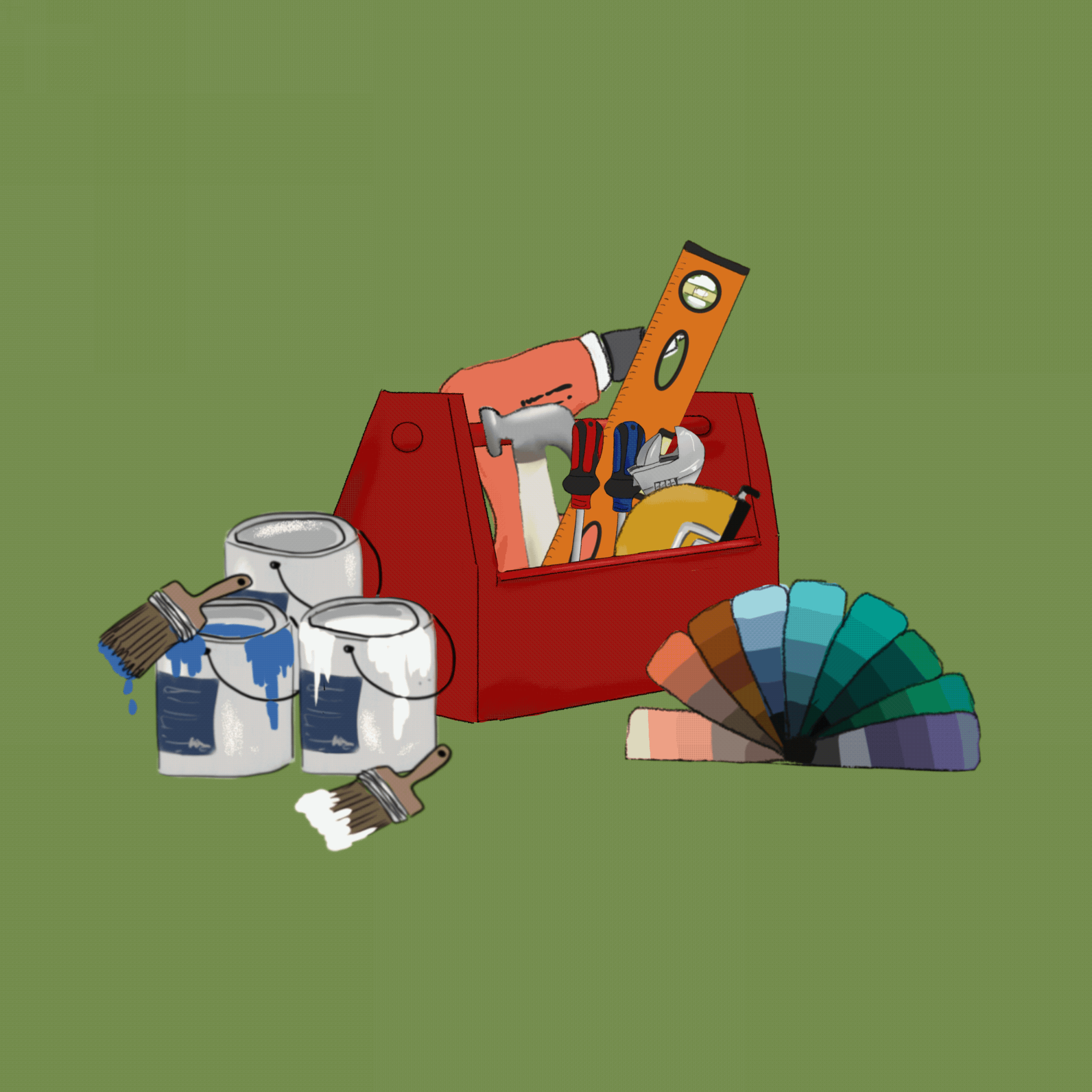 Illustrated toolbox with paint supplies, brushes, paint cans, and color swatches against a green background.
