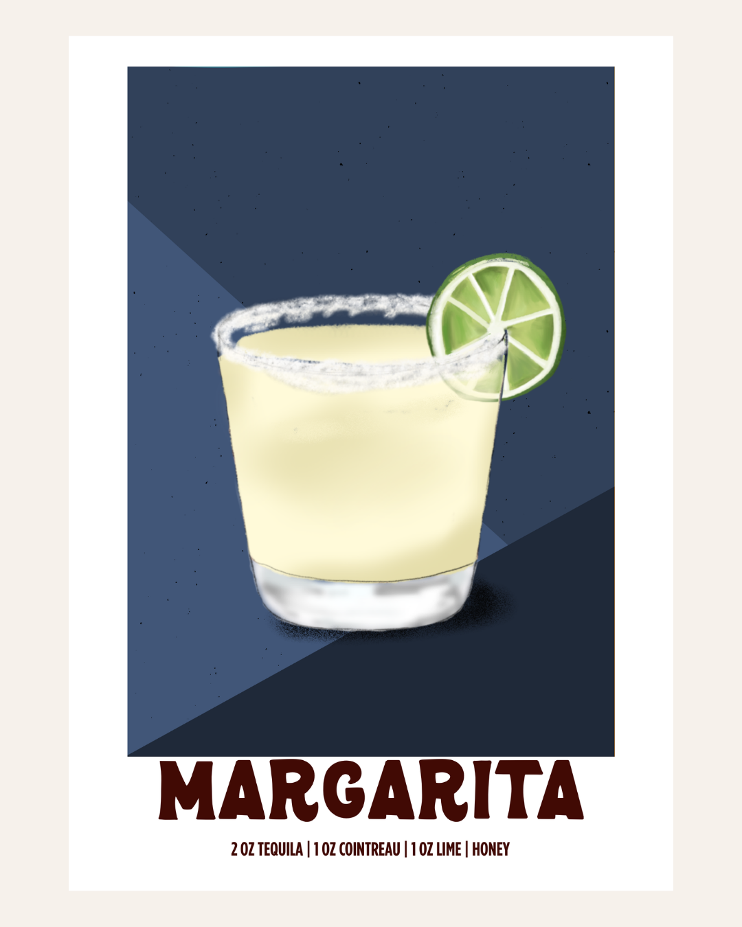 Margarita cocktail poster illustration with recipe, navy background