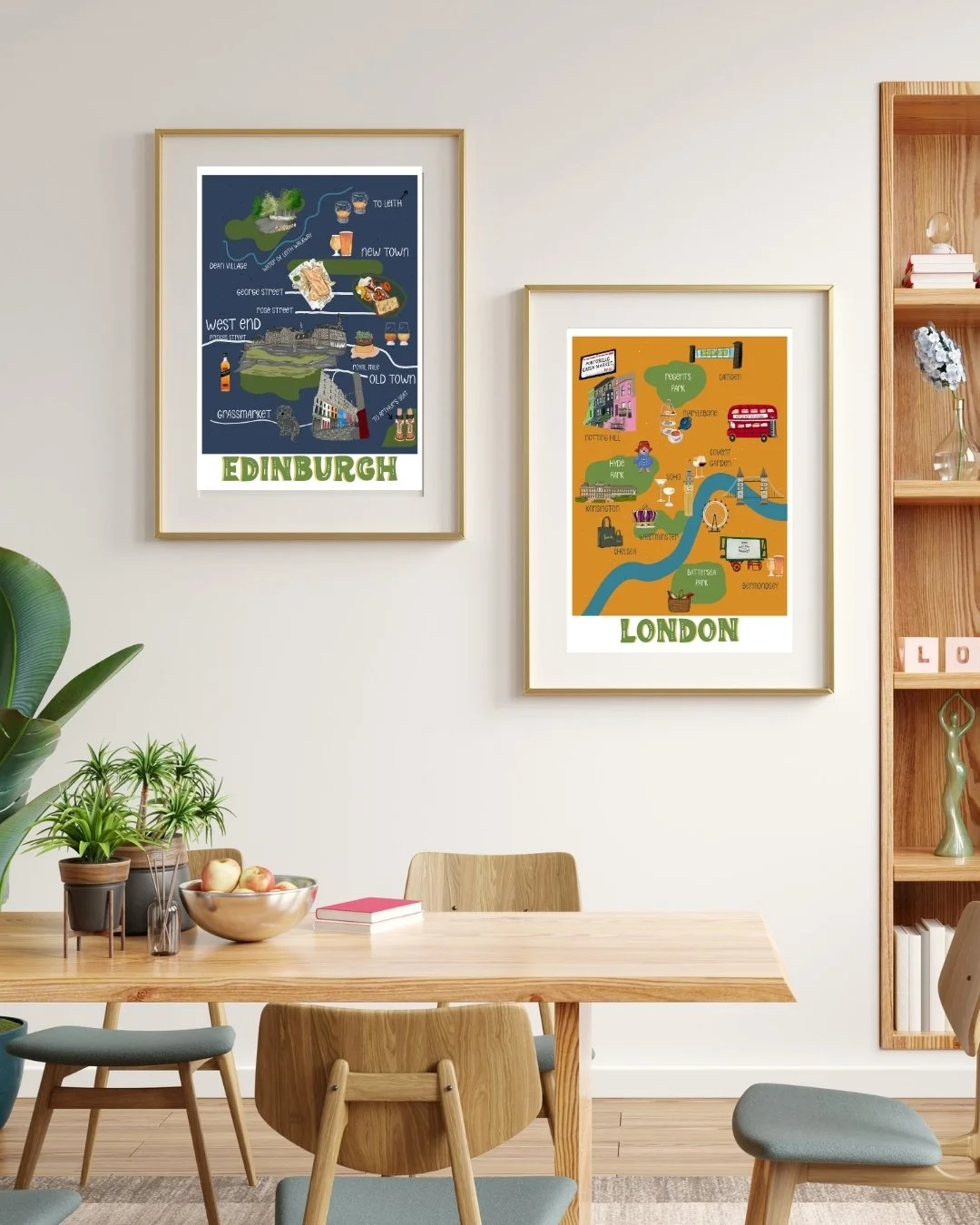 Edinburgh and London map prints as a gallery wall