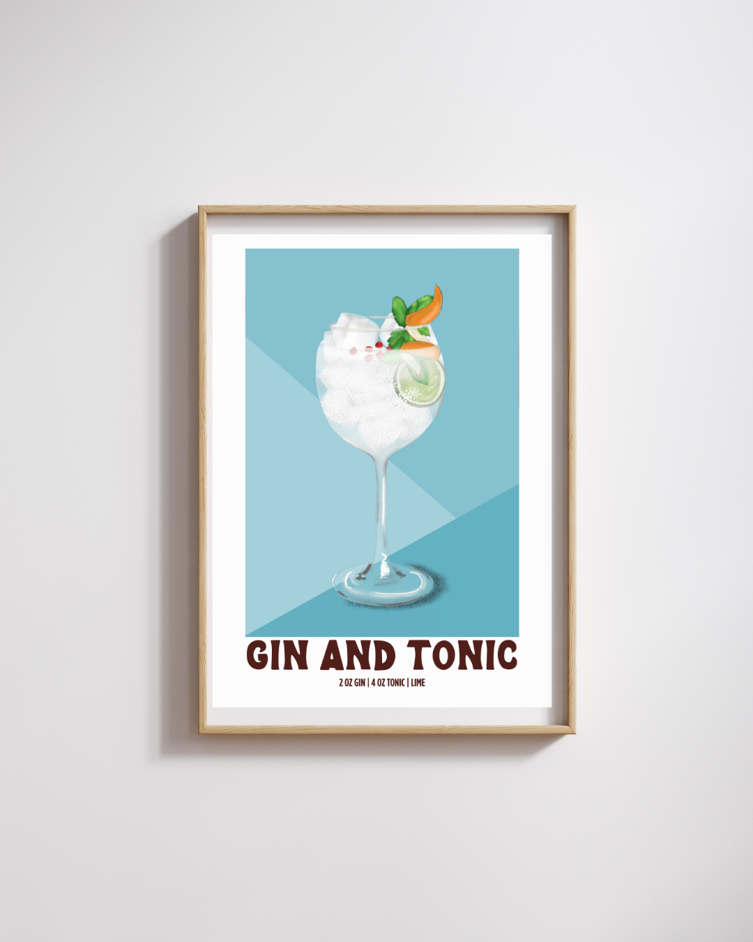 Framed Gin & Tonic cocktail illustration print hanging on a neutral wall