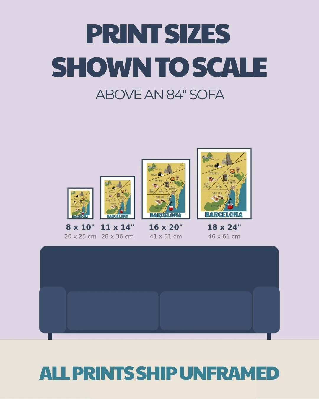Barcelona map print size comparison chart, 8x10 to 18x24 inches