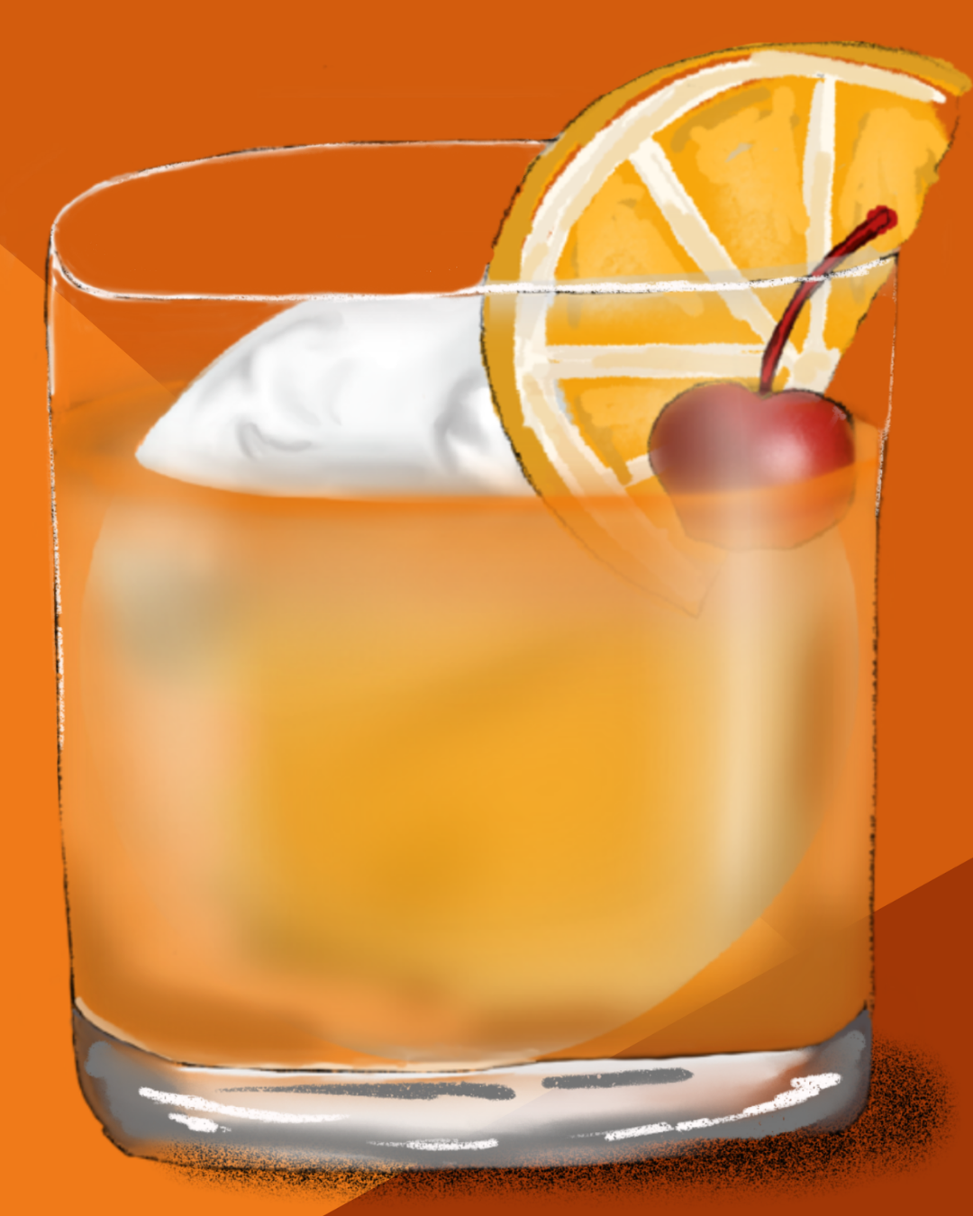 Close-up detail of the hand-illustrated Old Fashioned glass and orange and cherry garnish
