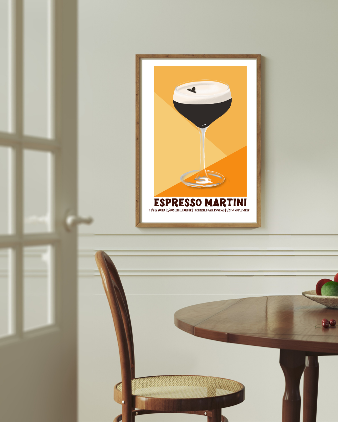 Espresso Martini cocktail art print styled above a dining room table