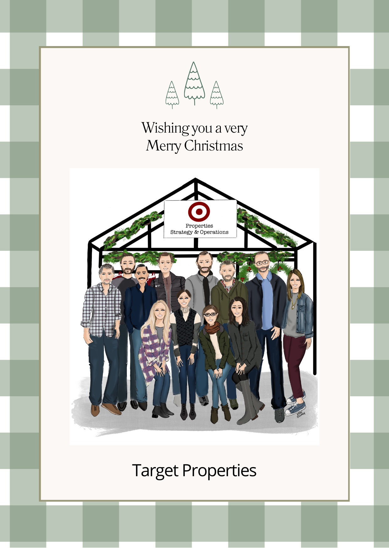 Illustrated holiday card of a corporate team standing under a decorated holiday arch with the Target Properties logo, framed with a green plaid border and “Merry Christmas” message.