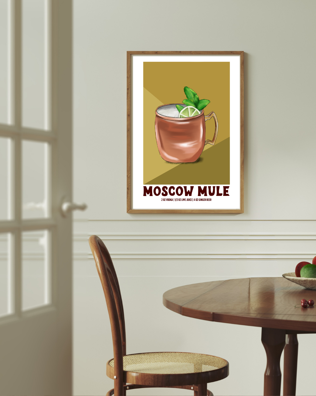 Moscow Mule cocktail art print styled above a dining room table