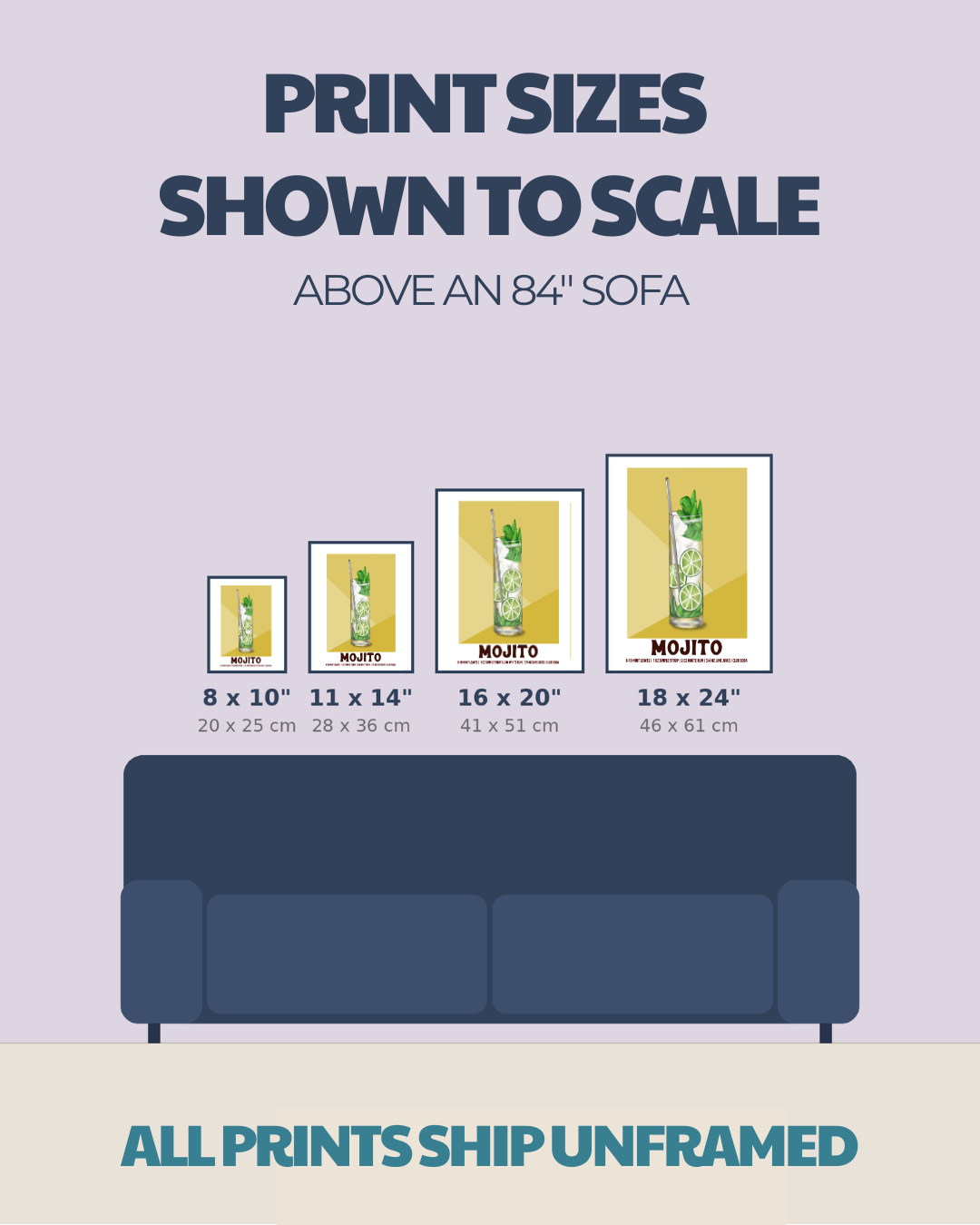 Size comparison chart for cocktail prints: 8x10, 11x14, 16x20, 18x24