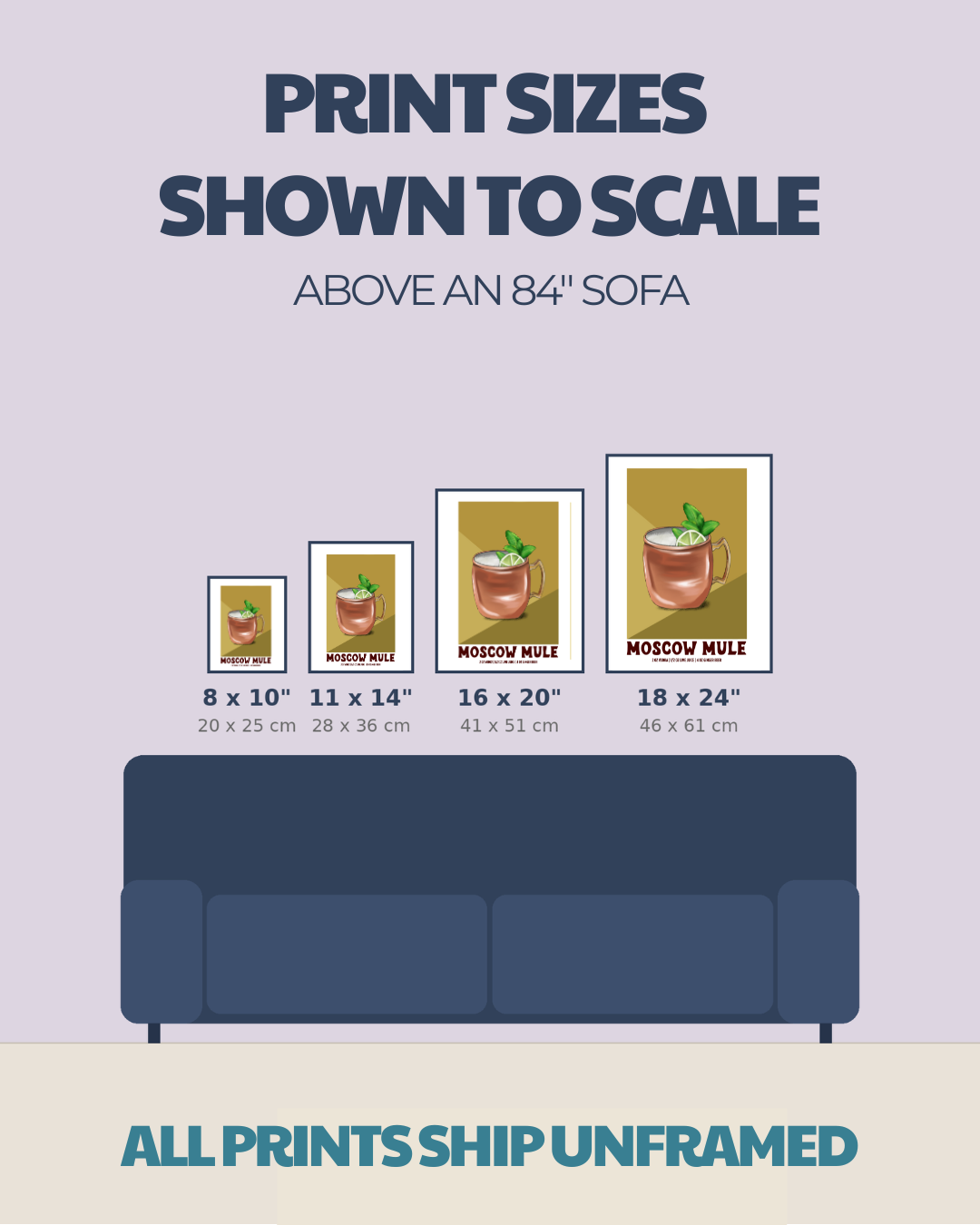 Size comparison chart for cocktail prints: 8x10, 11x14, 16x20, 18x24